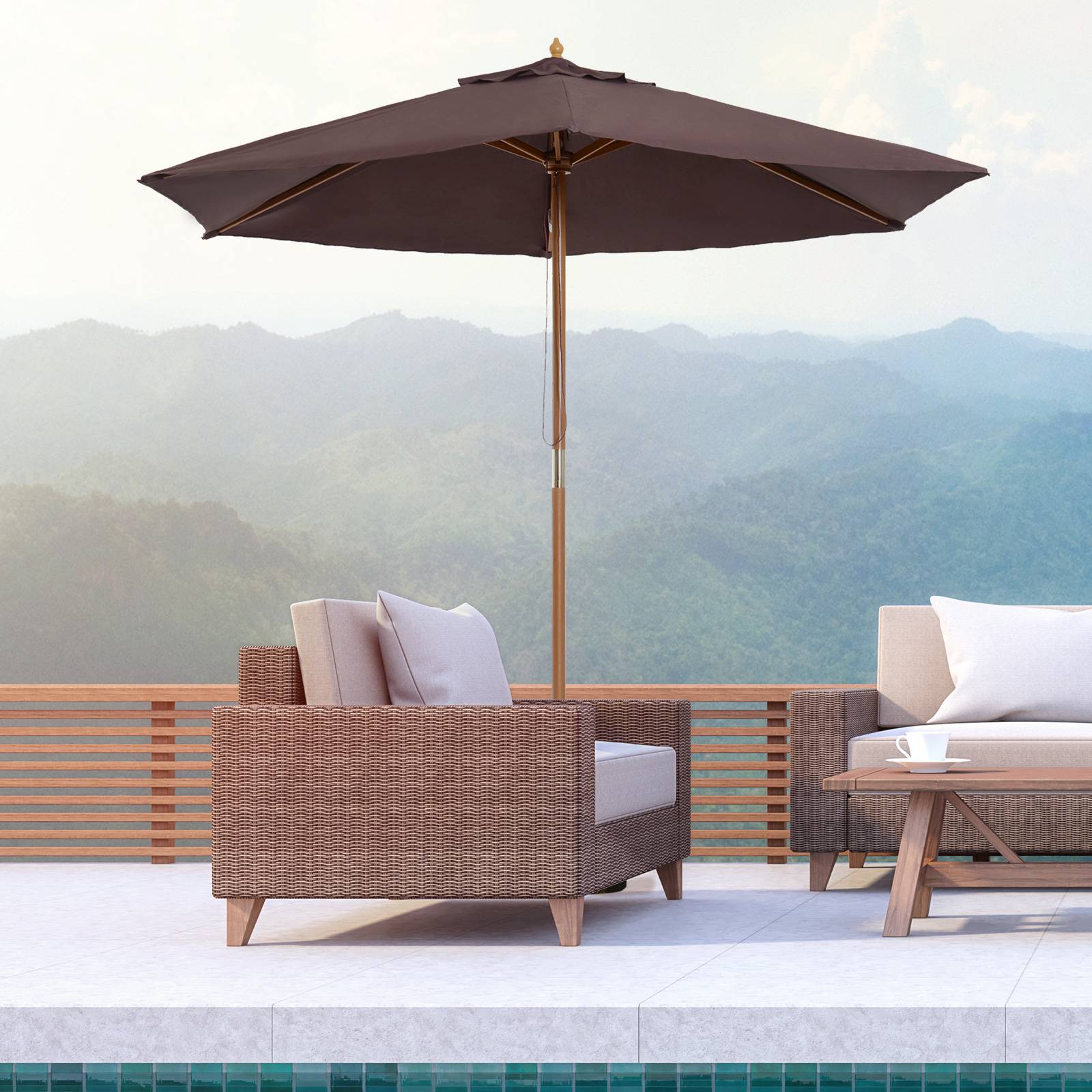 ComfortXL - Parasol Droit en Bois de Bambou Toile Polyester pour Jardin avec Poulie Ø2,5 m Café - ComfortXL Outdoor Living - Image 2