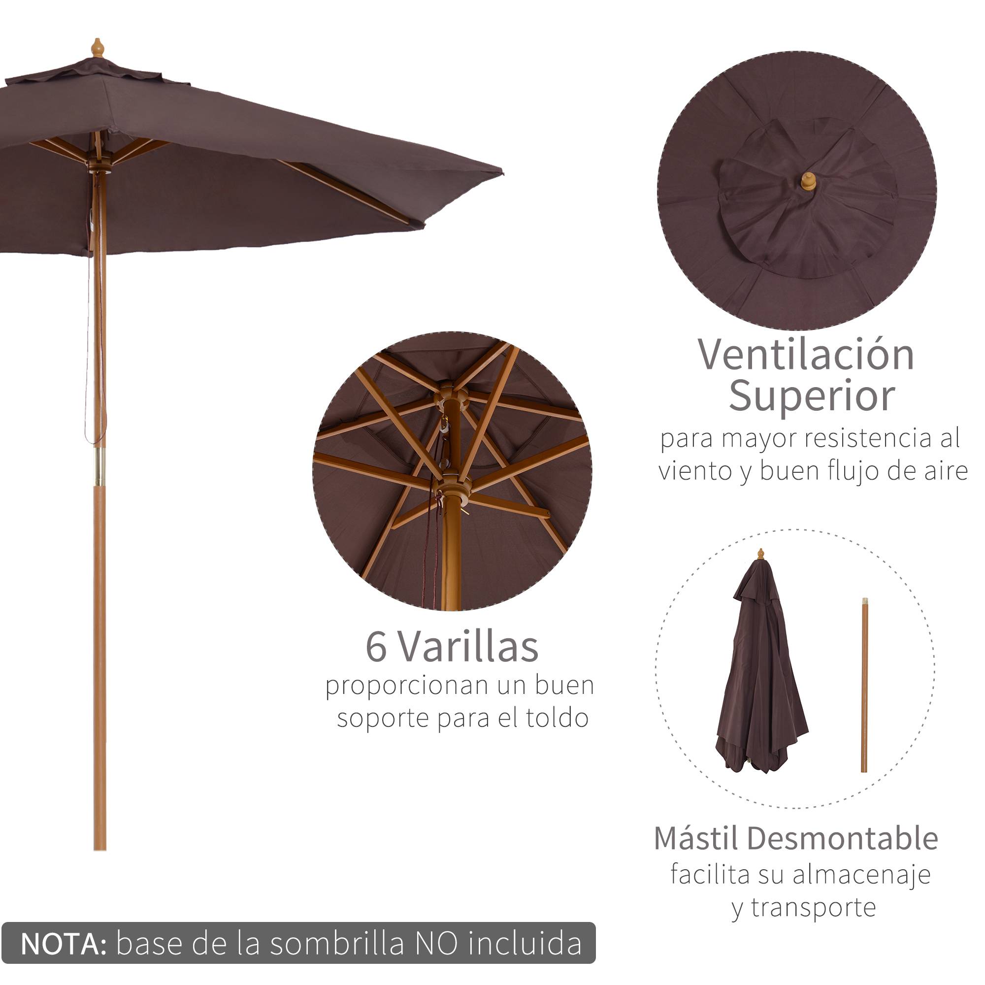 ComfortXL - Parasol Droit en Bois de Bambou Toile Polyester pour Jardin avec Poulie Ø2,5 m Café - ComfortXL Outdoor Living - Image 6