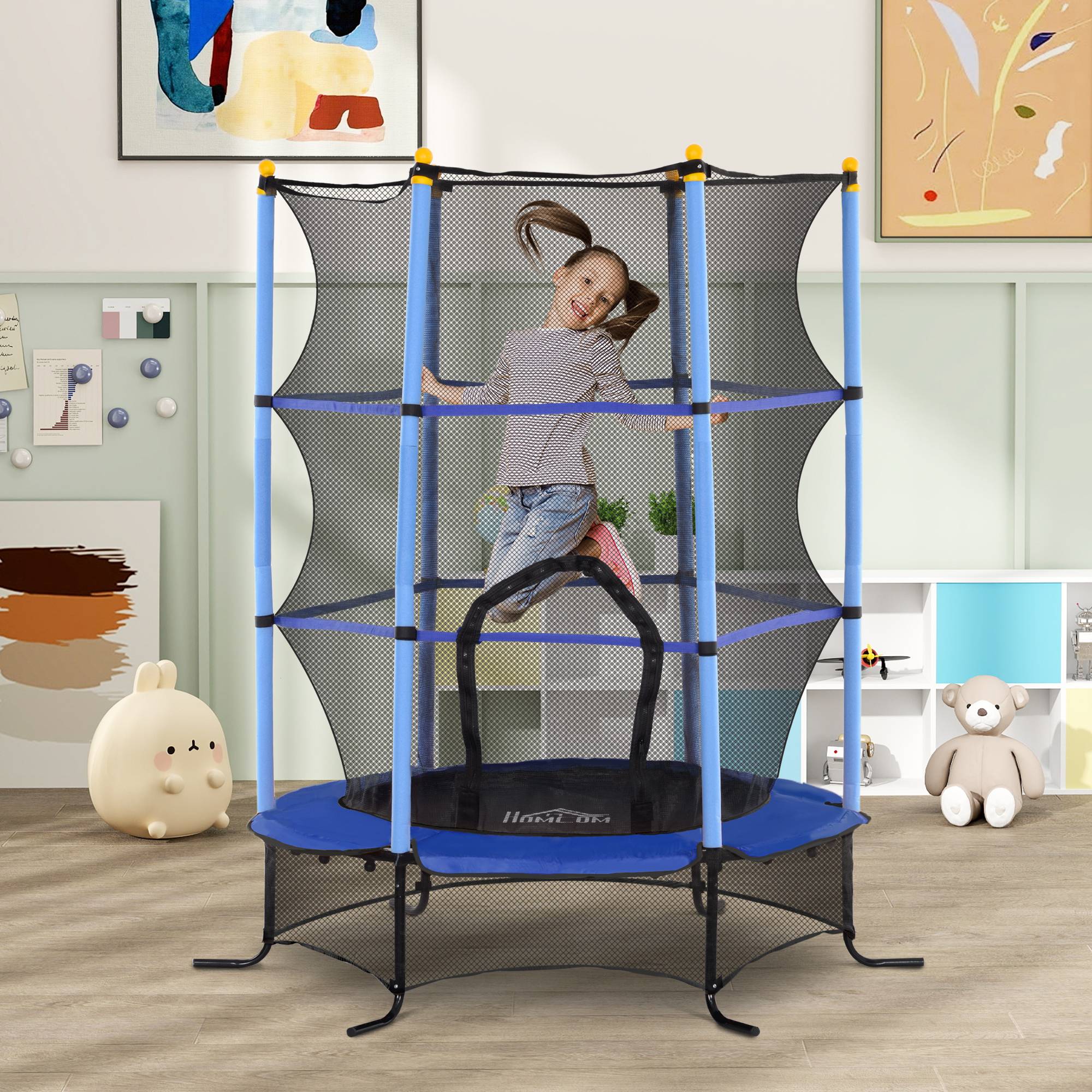 Trampoline Enfant Ø 1,63 × 1,9H m Filet de sécurité Porte zipée Couvre-Ressorts 6 poteaux rembourrés Inclus Bleu - Image 3