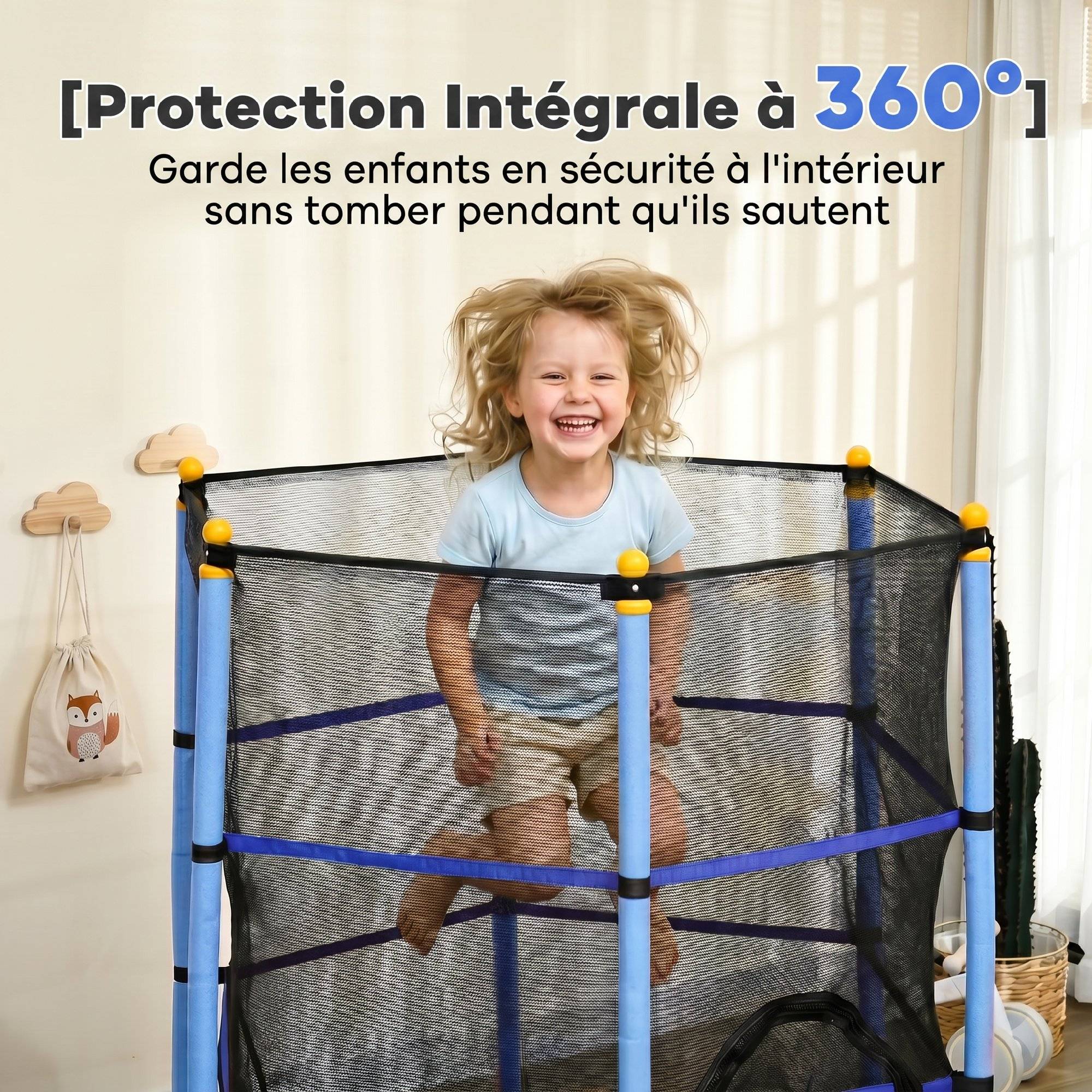 Trampoline Enfant Ø 1,63 × 1,9H m Filet de sécurité Porte zipée Couvre-Ressorts 6 poteaux rembourrés Inclus Bleu - Image 8