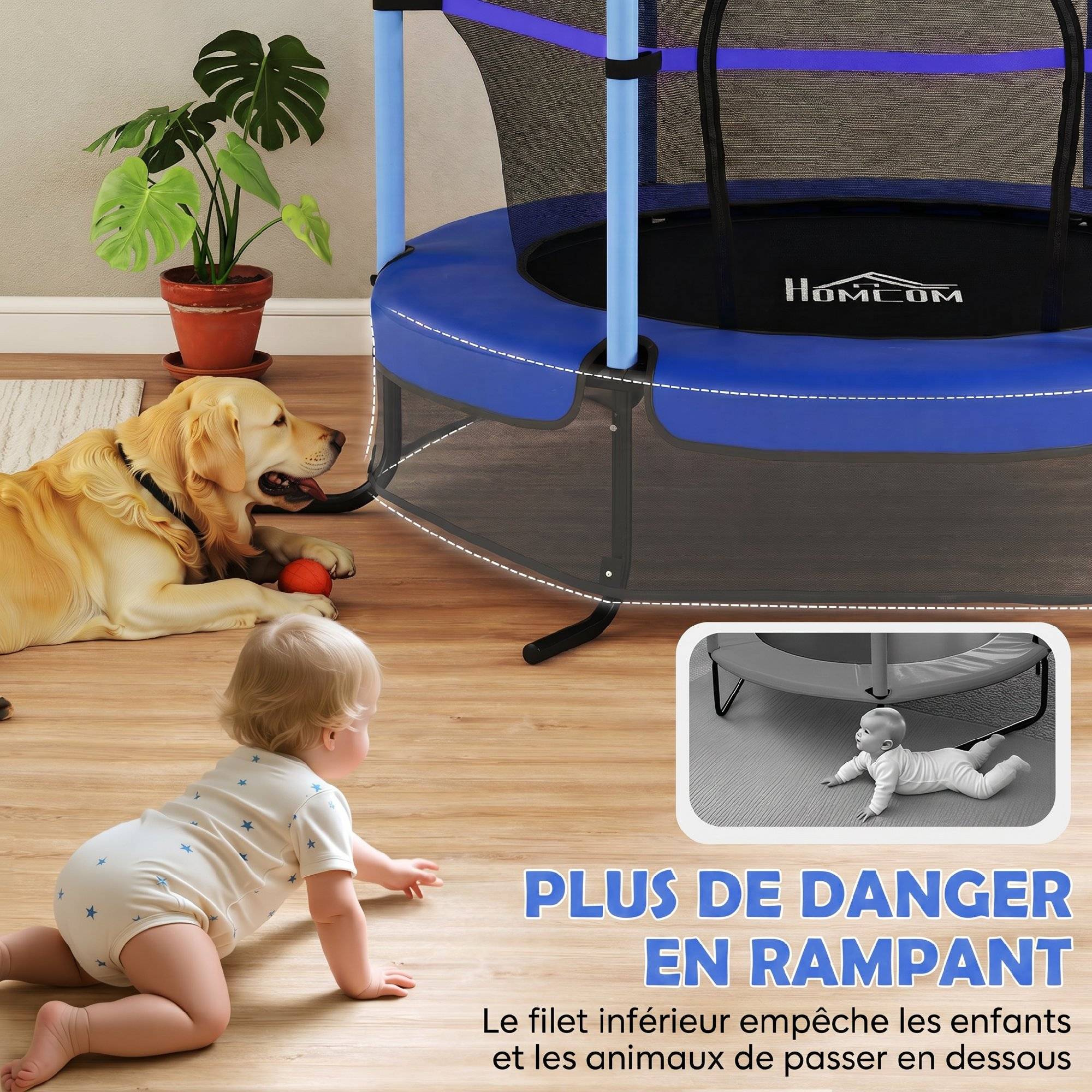 Trampoline Enfant Ø 1,63 × 1,9H m Filet de sécurité Porte zipée Couvre-Ressorts 6 poteaux rembourrés Inclus Bleu - Image 7