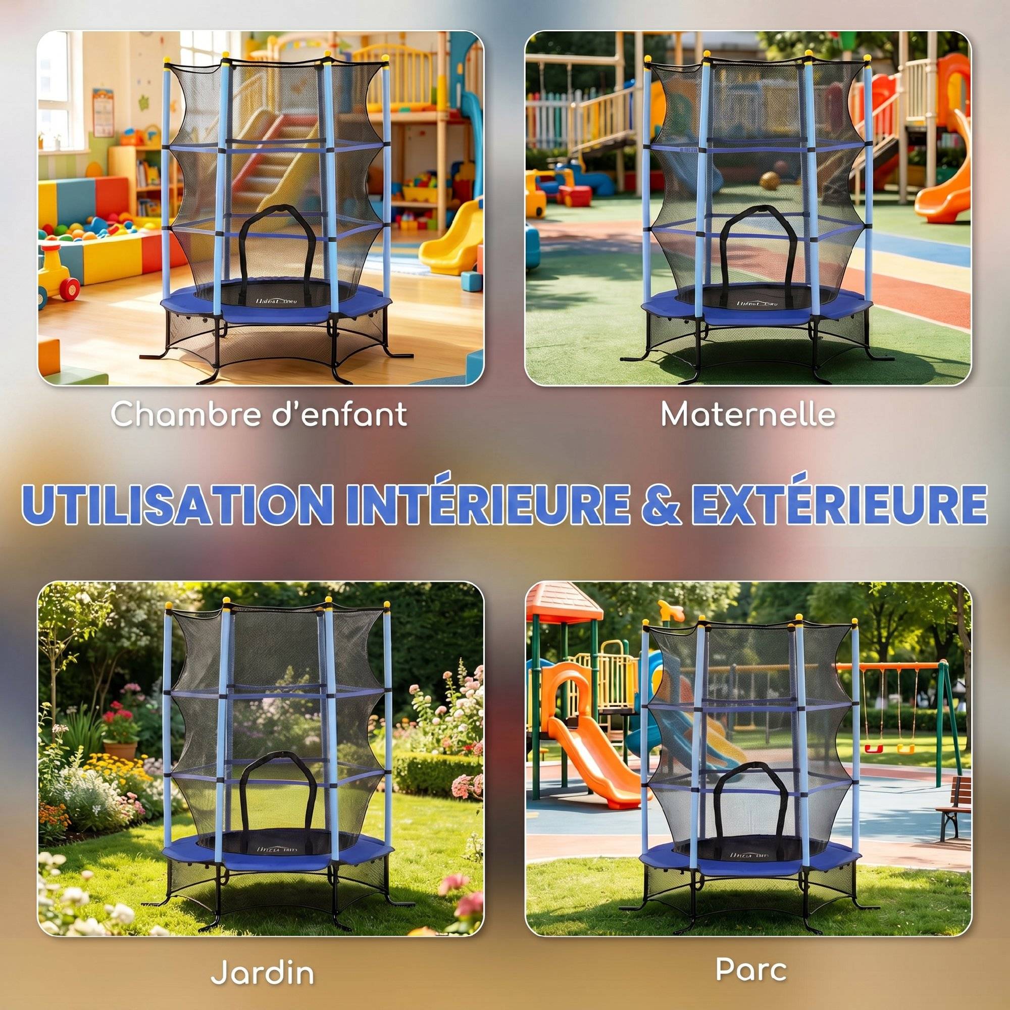 Trampoline Enfant Ø 1,63 × 1,9H m Filet de sécurité Porte zipée Couvre-Ressorts 6 poteaux rembourrés Inclus Bleu - Image 10