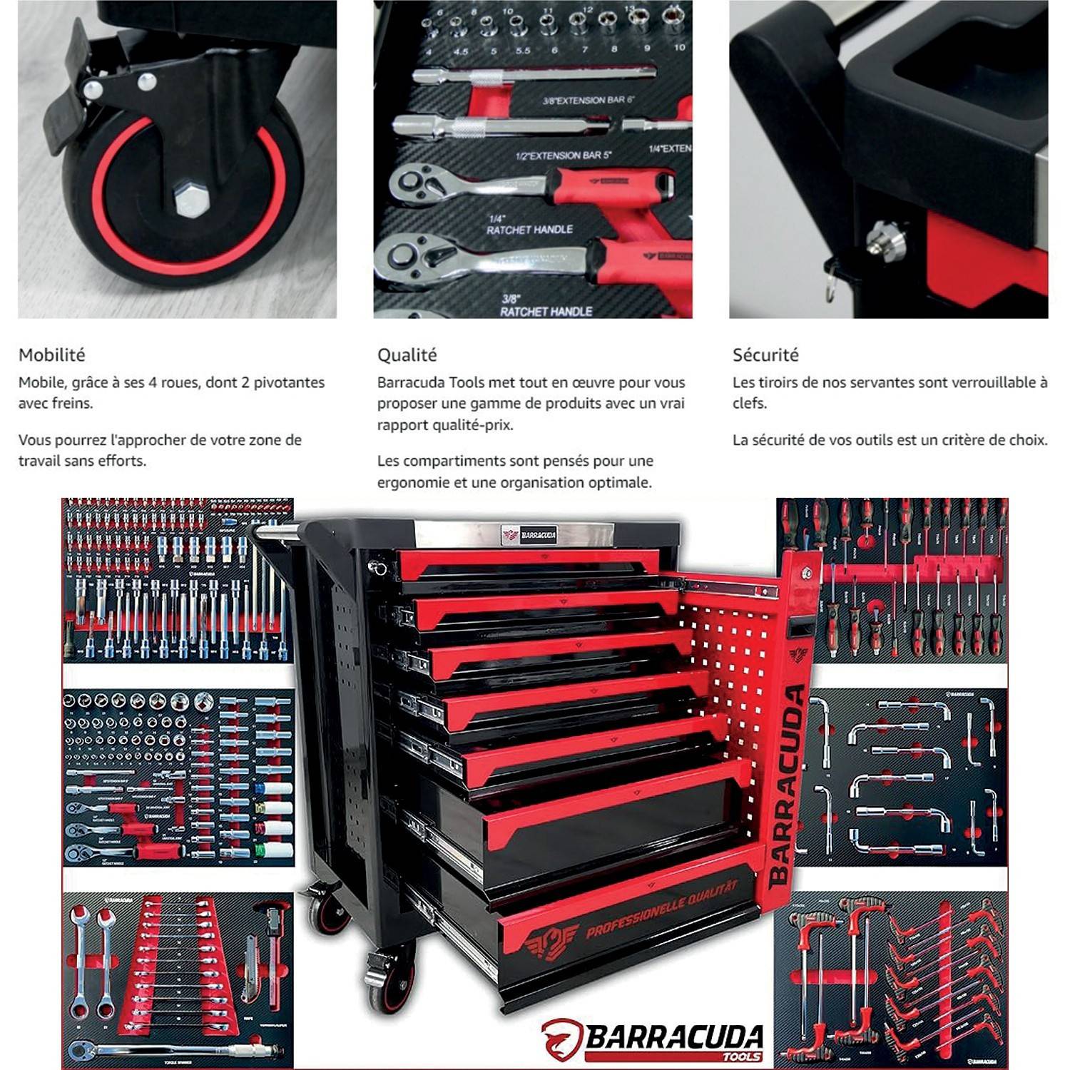 Servante d'atelier/ Chariot Barracuda Tools CUDA Max XXL 8 tiroirs 6 outillés, 4 roues, 2 freins, Chariot MECANICIEN, GARAGISTE - Image 4