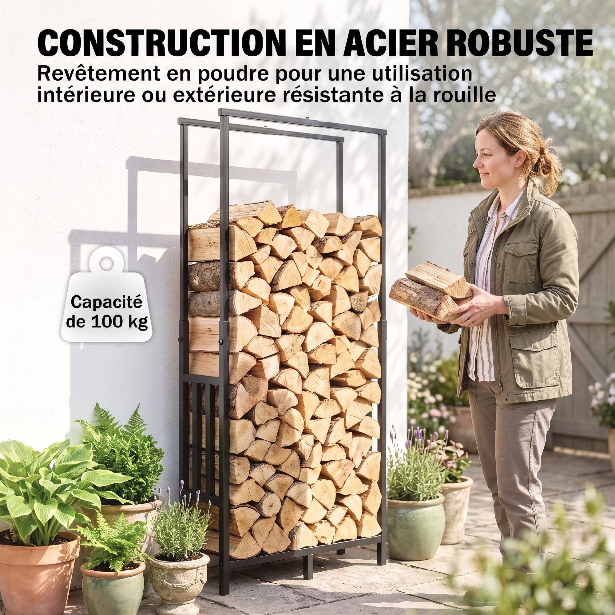 ComfortXL - Range-bûches réglable acier noir 45,5-75,5 x 25 x 98-170 cm charge 100 kg - ComfortXL Outdoor Living - Image 6