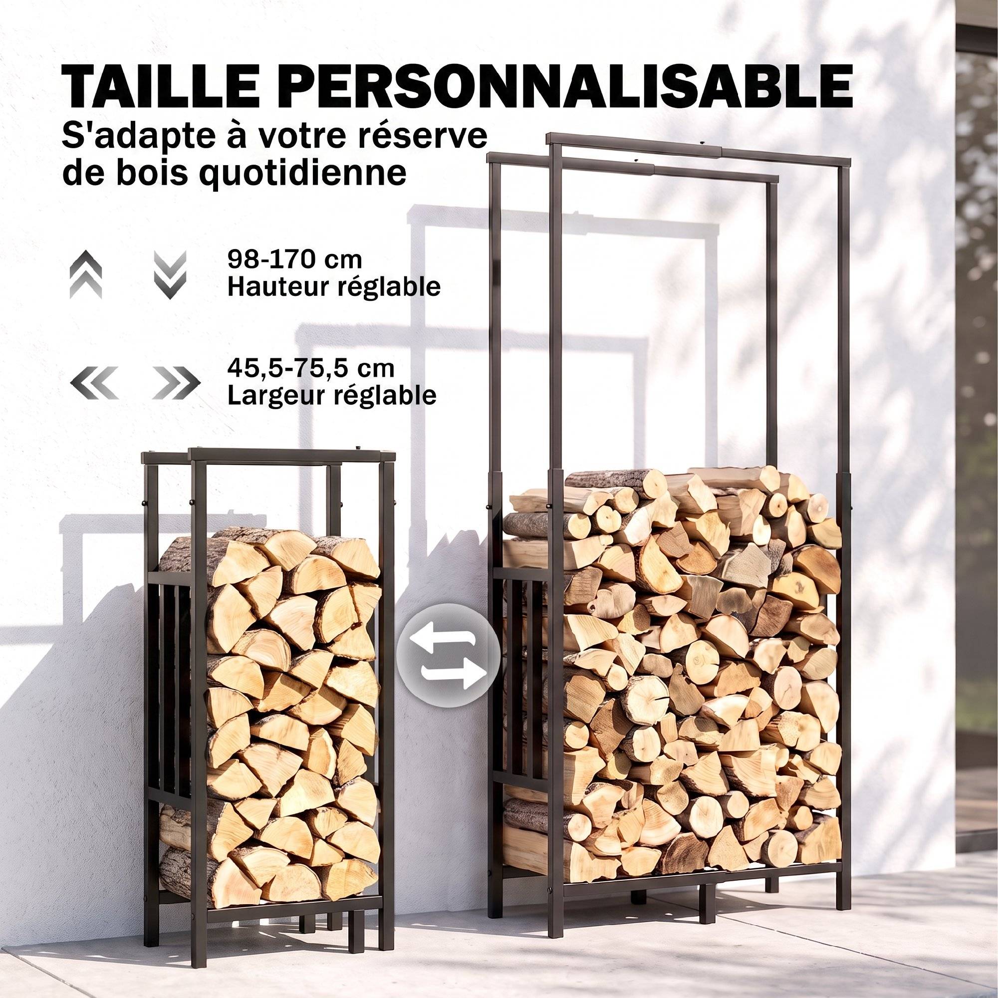 ComfortXL - Range-bûches réglable acier noir 45,5-75,5 x 25 x 98-170 cm charge 100 kg - ComfortXL Outdoor Living - Image 5