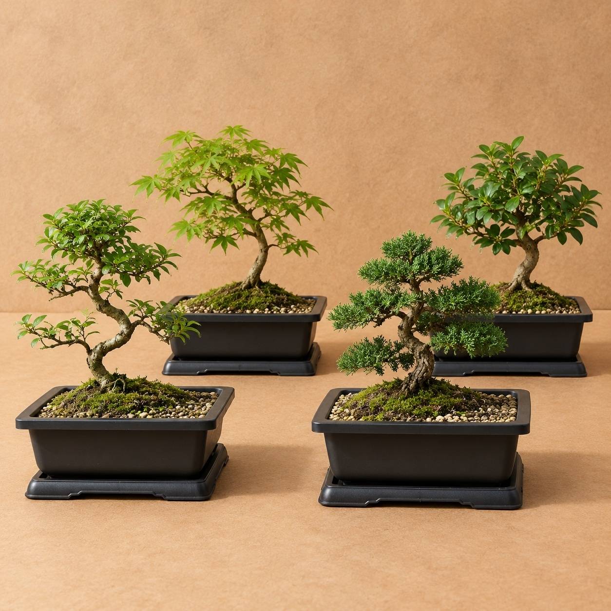 Set de 4 Pots Bonsaï Rectangulaires avec Soucoupes en Plastique - Image 6