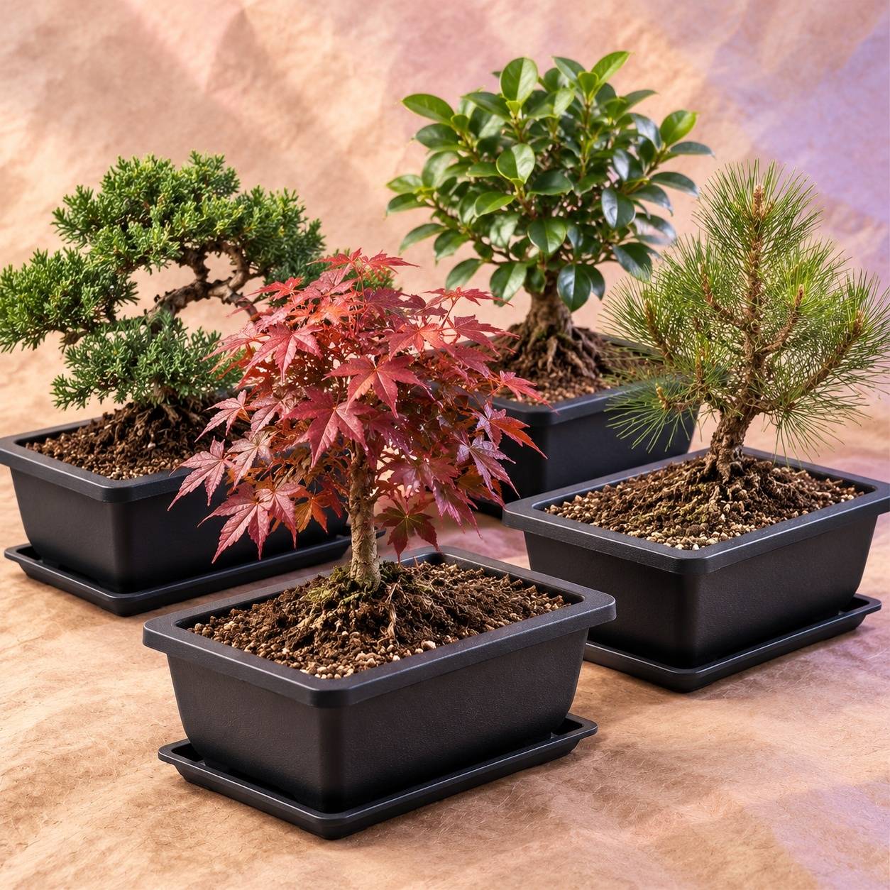 Set de 4 Pots Bonsaï Rectangulaires avec Soucoupes en Plastique - Image 7