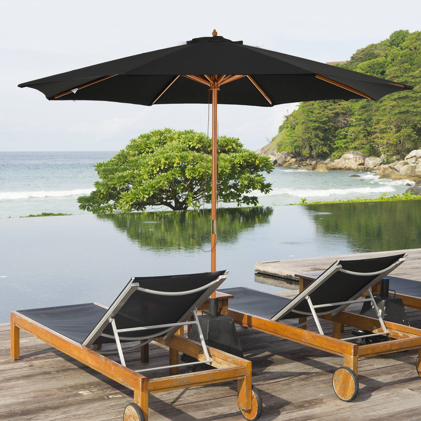 Parasol de terrasse extérieur Ø300 cm avec système de poulie, toit ventilé et mât détachable, noir - Image 9