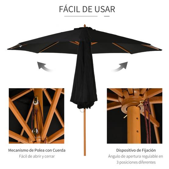 Parasol de terrasse extérieur Ø300 cm avec système de poulie, toit ventilé et mât détachable, noir - Image 6