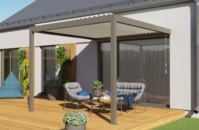 Pergola Bioclimatique Aluminium Adossée Gris 3x3 Manuelle S ORIAL France - Image 1