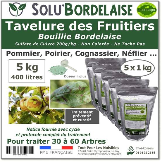 Solu'Bordelaise - Tavelure des Fruitiers - 5 kg de Bouillie Bordelaise Non Colorée- Polyvalent à base de Sulfate de Cuivre 200 g/kg-Doseur inclus-UAB - Image 1