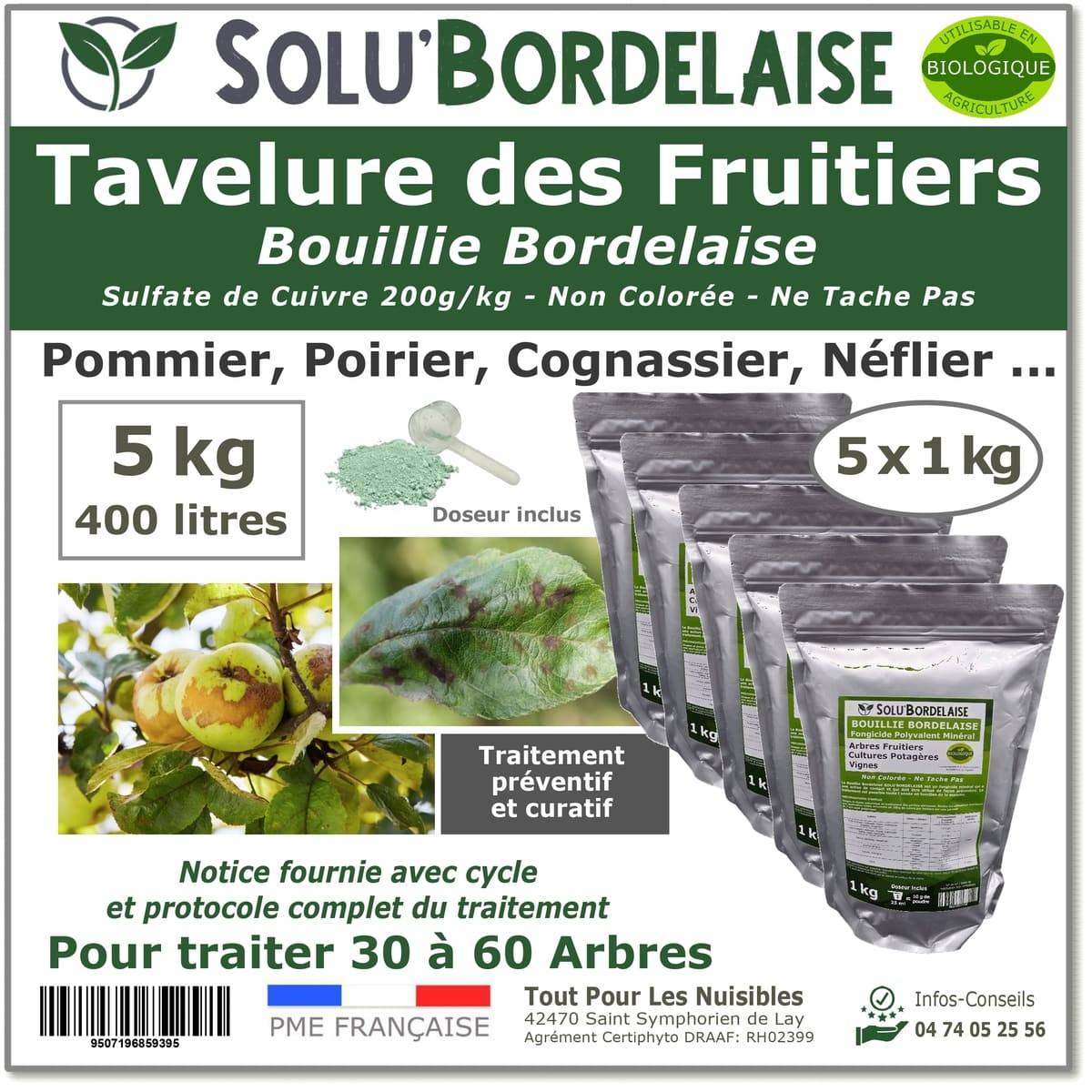 Solu'Bordelaise - Tavelure des Fruitiers - 5 kg de Bouillie Bordelaise Non Colorée- Polyvalent à base de Sulfate de Cuivre 200 g/kg-Doseur inclus-UAB - Image 1