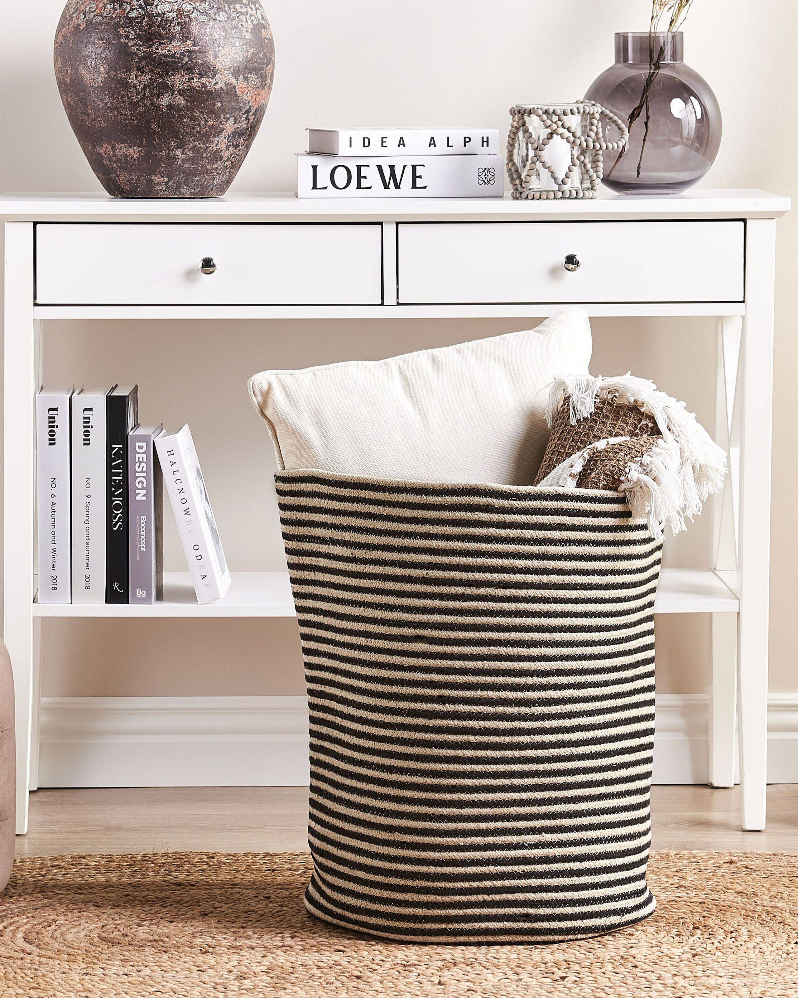 Panier Beige et Noir en Coton Rond 41 cm Corbeille à Linge Tressée Rangement pour Intérieur Minimaliste avec Couvercle Boîte - Image 1
