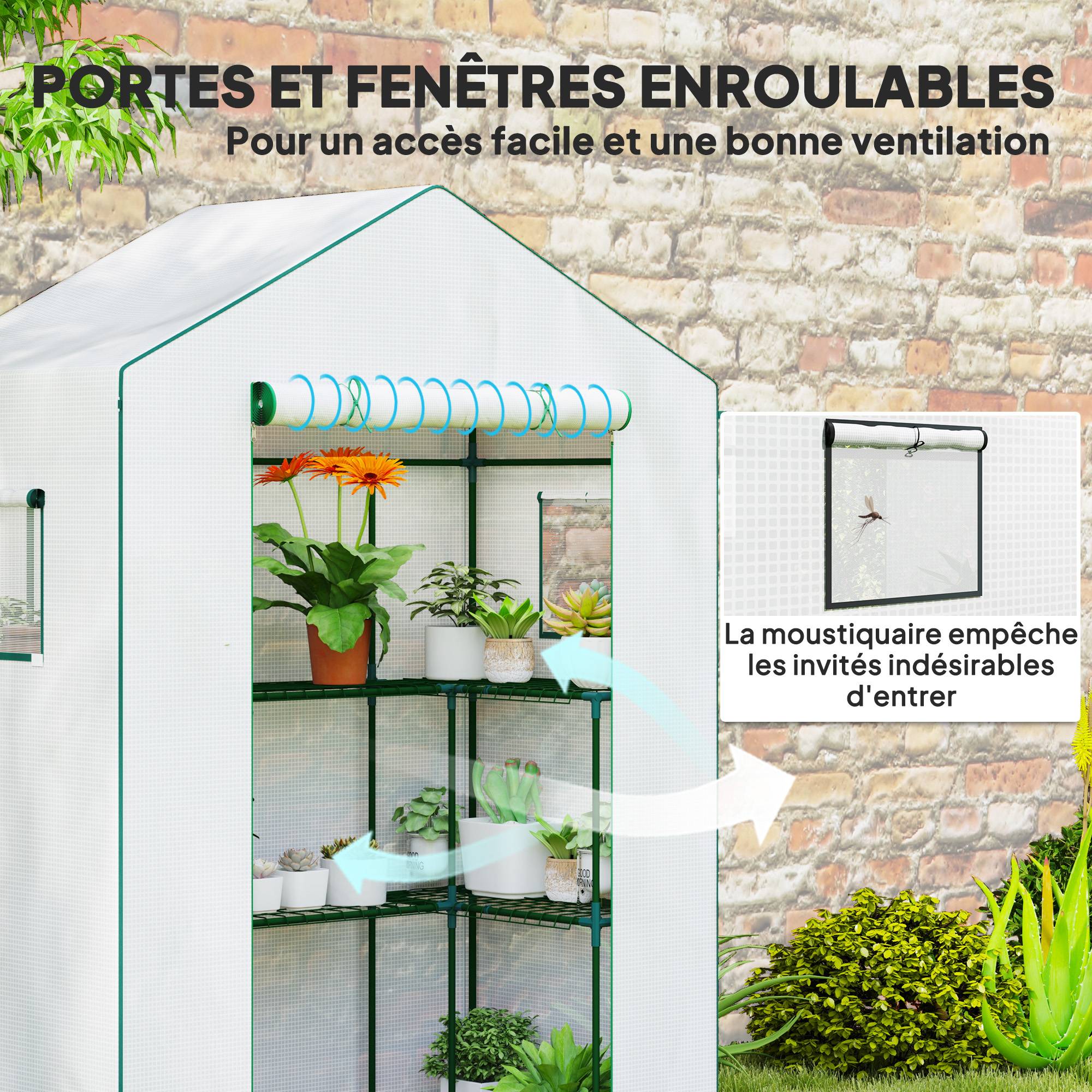 Serre de jardin avec 1 porte, 2 fenêtres et 2 étagères en forme de U pour Légumes Plantes Fleurs Bâche PE 140x73x190 cm - Image 8