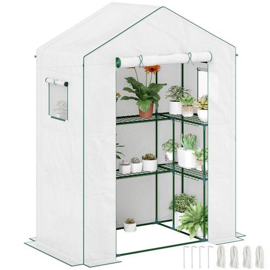 Serre de jardin avec 1 porte, 2 fenêtres et 2 étagères en forme de U pour Légumes Plantes Fleurs Bâche PE 140x73x190 cm - Image 1