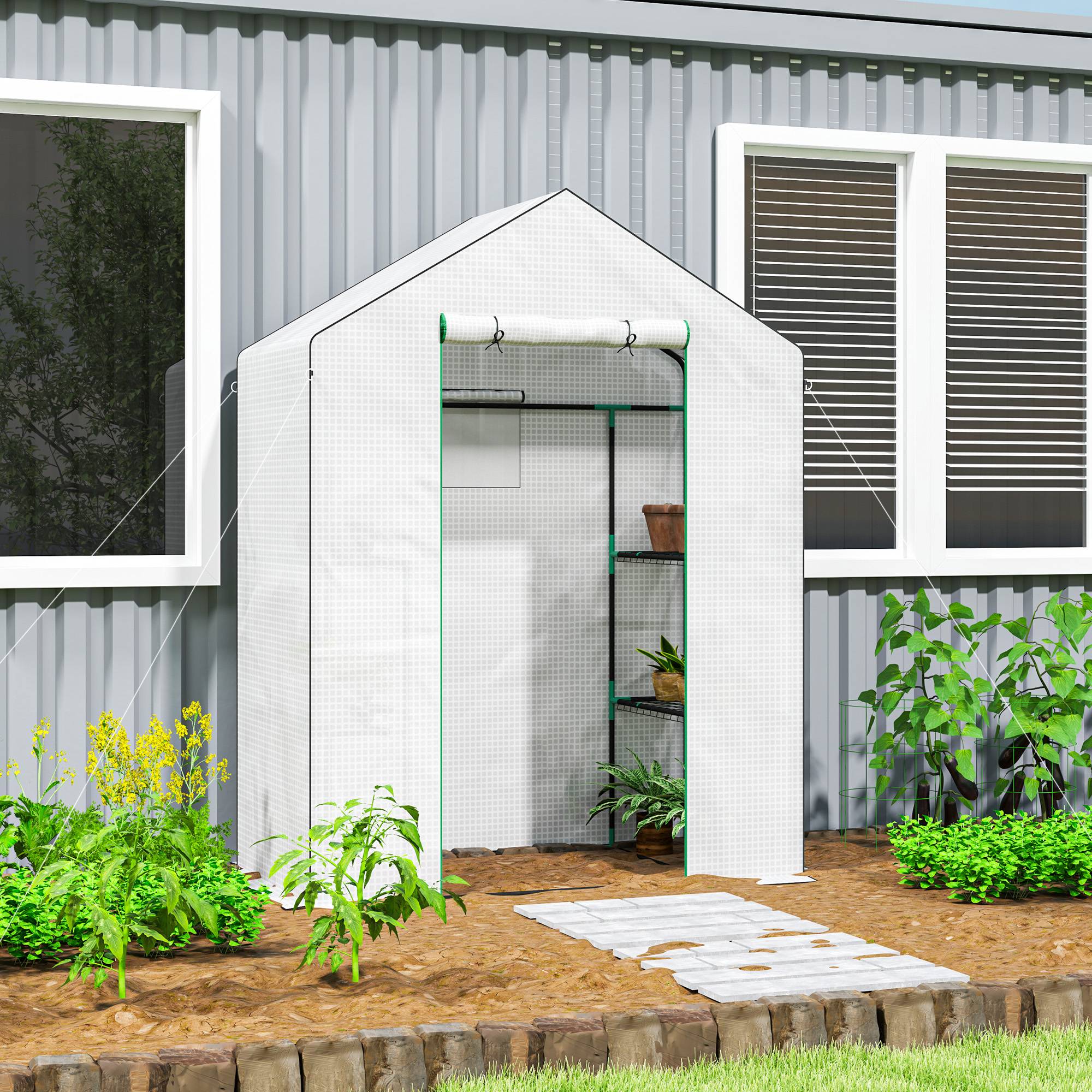 Serre de jardin avec 1 porte, 2 fenêtres et 2 étagères en forme de U pour Légumes Plantes Fleurs Bâche PE 140x73x190 cm - Image 3