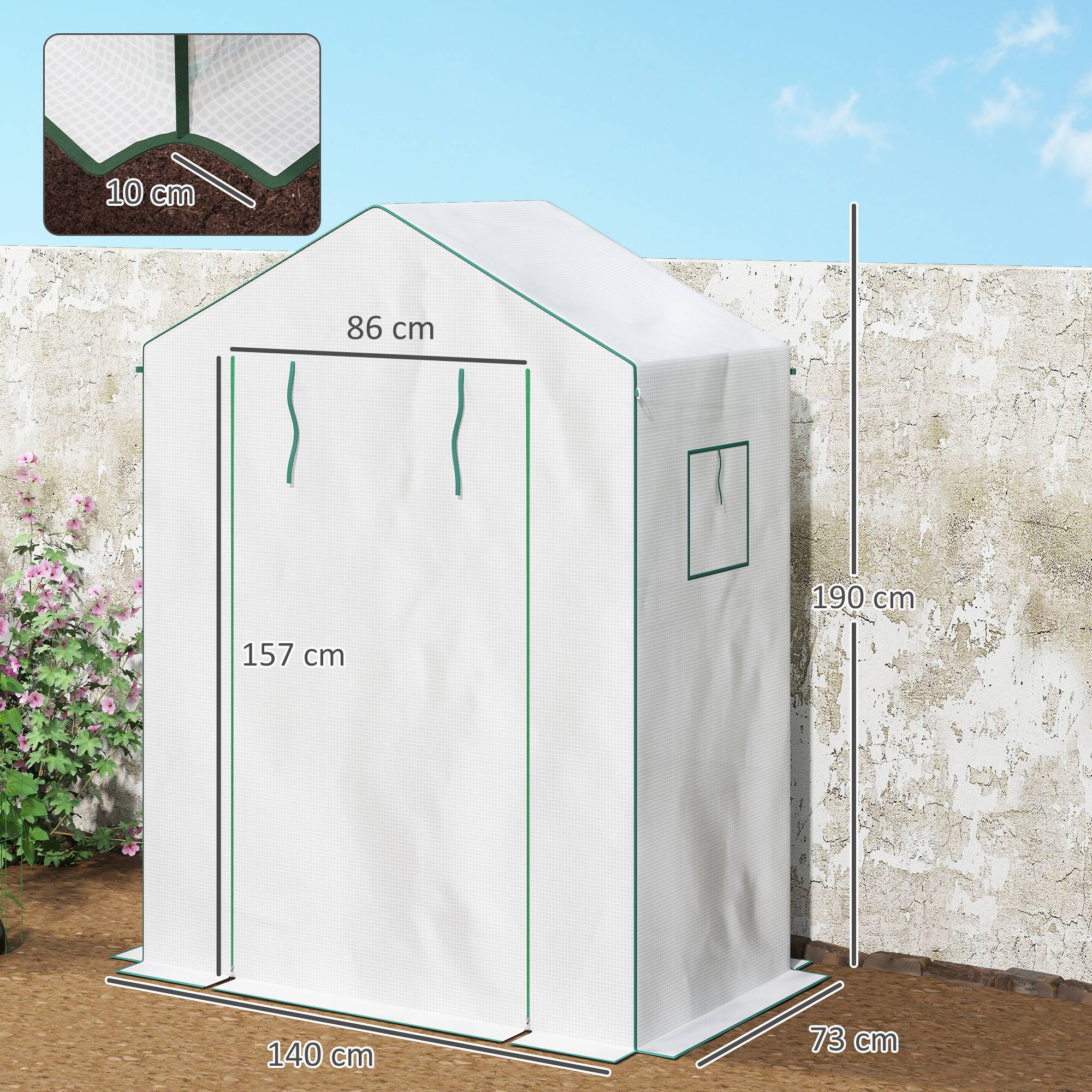Serre de jardin avec 1 porte, 2 fenêtres et 2 étagères en forme de U pour Légumes Plantes Fleurs Bâche PE 140x73x190 cm - Image 5