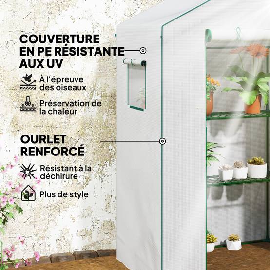 Serre de jardin avec 1 porte, 2 fenêtres et 2 étagères en forme de U pour Légumes Plantes Fleurs Bâche PE 140x73x190 cm - Image 7