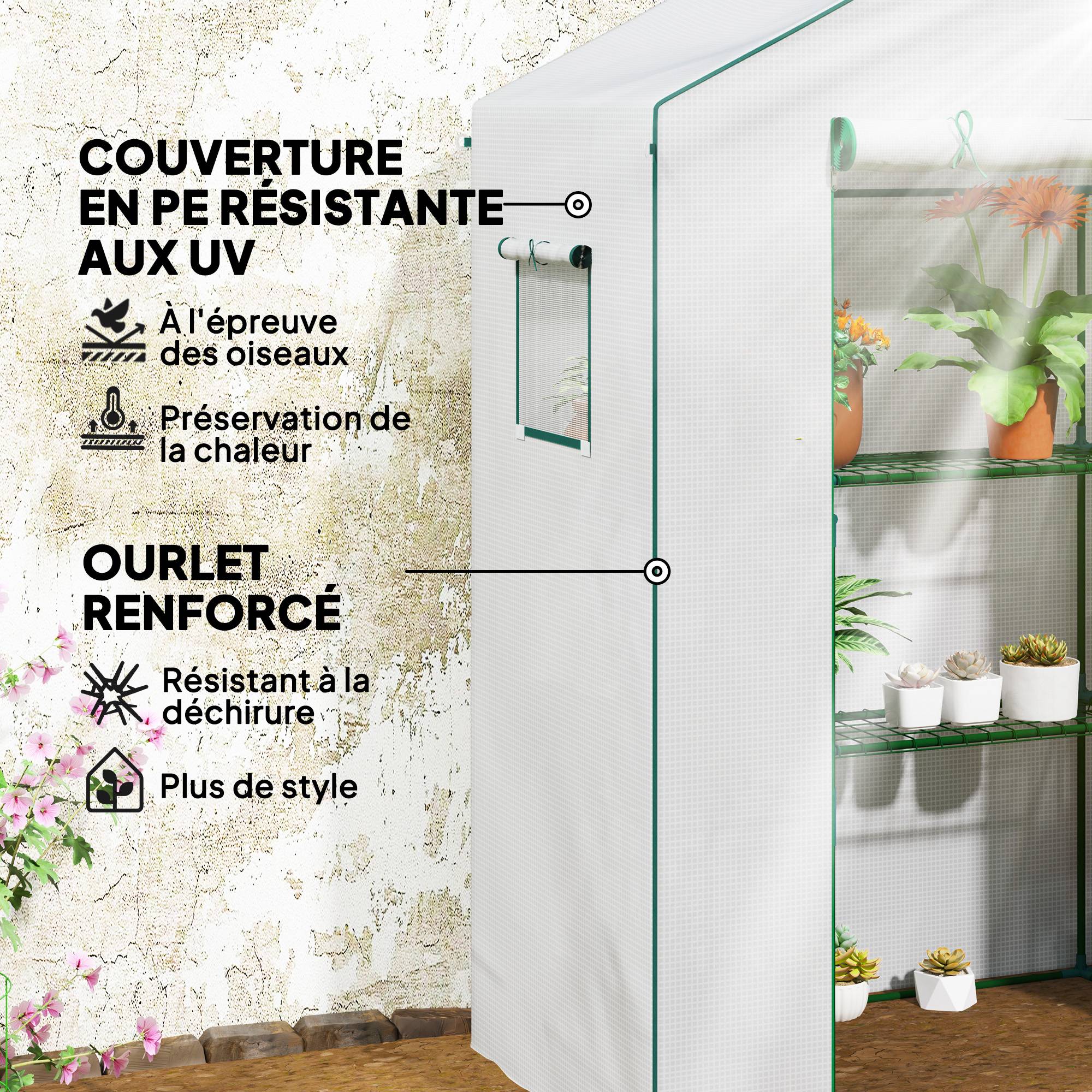Serre de jardin avec 1 porte, 2 fenêtres et 2 étagères en forme de U pour Légumes Plantes Fleurs Bâche PE 140x73x190 cm - Image 7