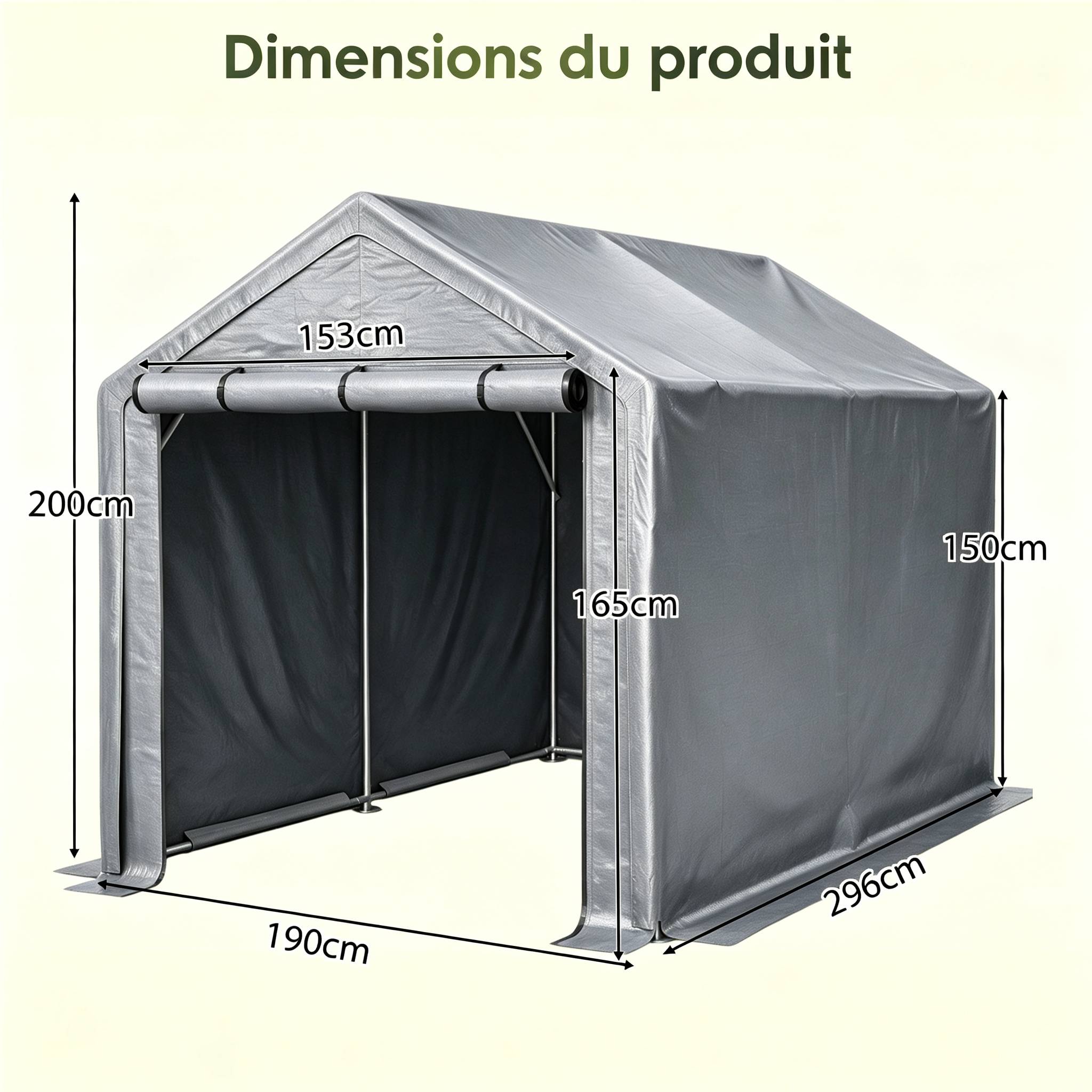 Carport abri multifonction 296×190×200 cm, acier galvanisé, bâche imperméable anti-UV gris - Image 2
