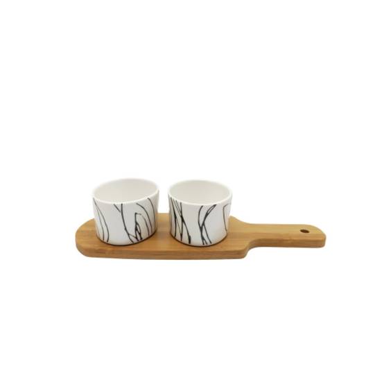 ~ Set apéritif tapas 2 verrines en bambou et céramique blanc et marron 26 x 9.5cm Chemin de campagne - Image 1