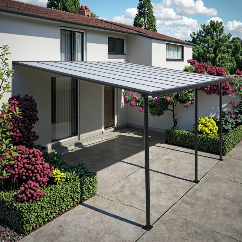 Pergola adossée aluminium gris 400x492 cm toit polycarbonate X-Metal kit ancrage inclus - Image 4