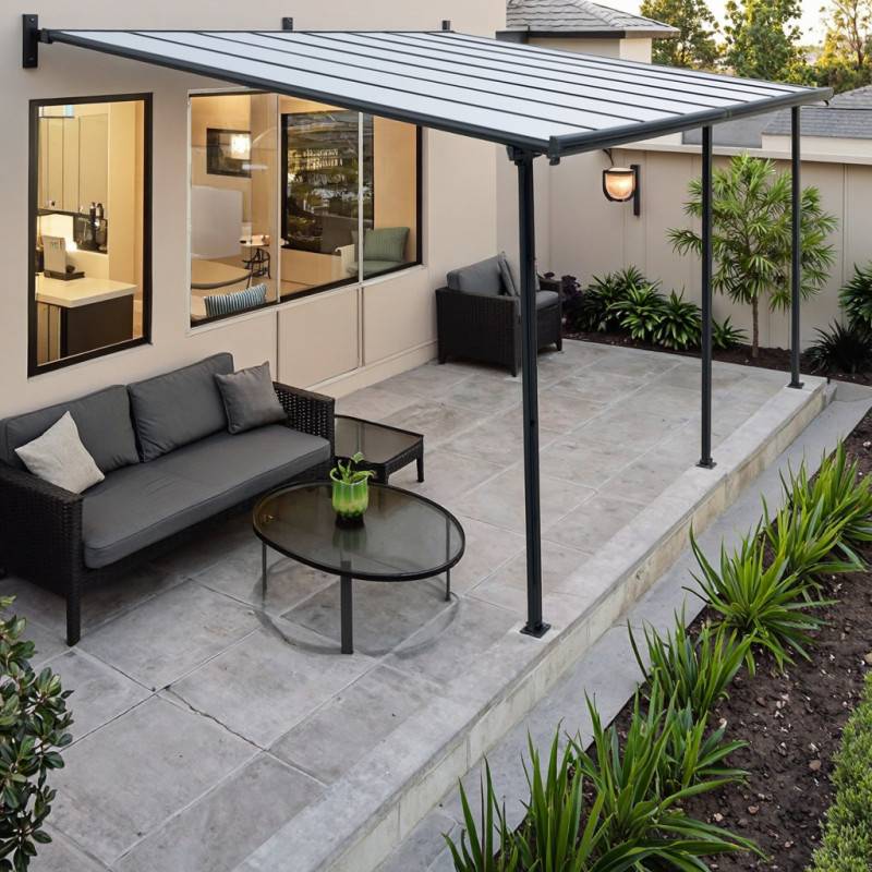 Pergola adossée aluminium gris 400x492 cm toit polycarbonate X-Metal kit ancrage inclus - Image 1