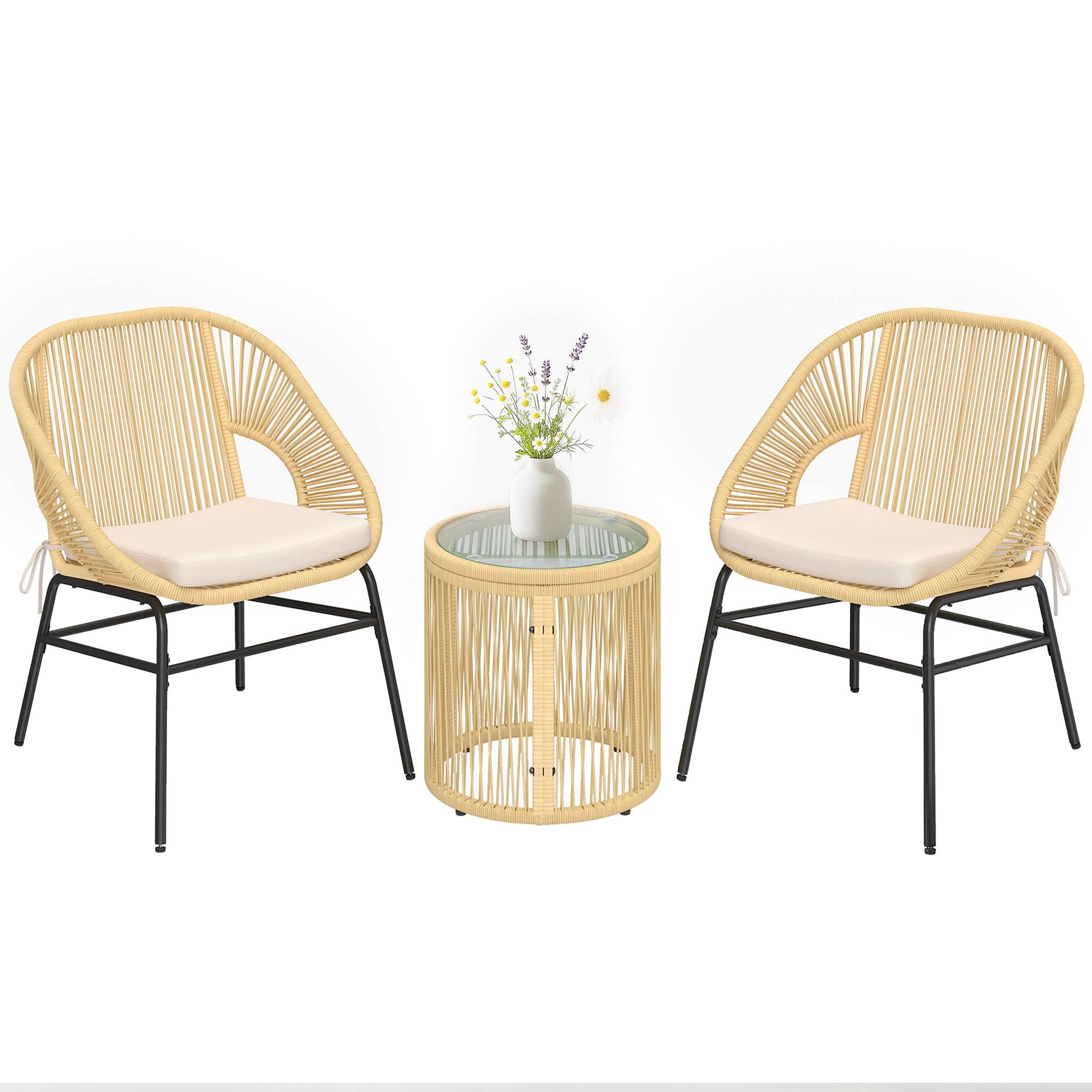 Ensemble Bistro Salon de Balcon 3 Pièces 2 Fauteuils Confortables et Table en Verre Trempé Coussins Déhoussables Beige - Image 1