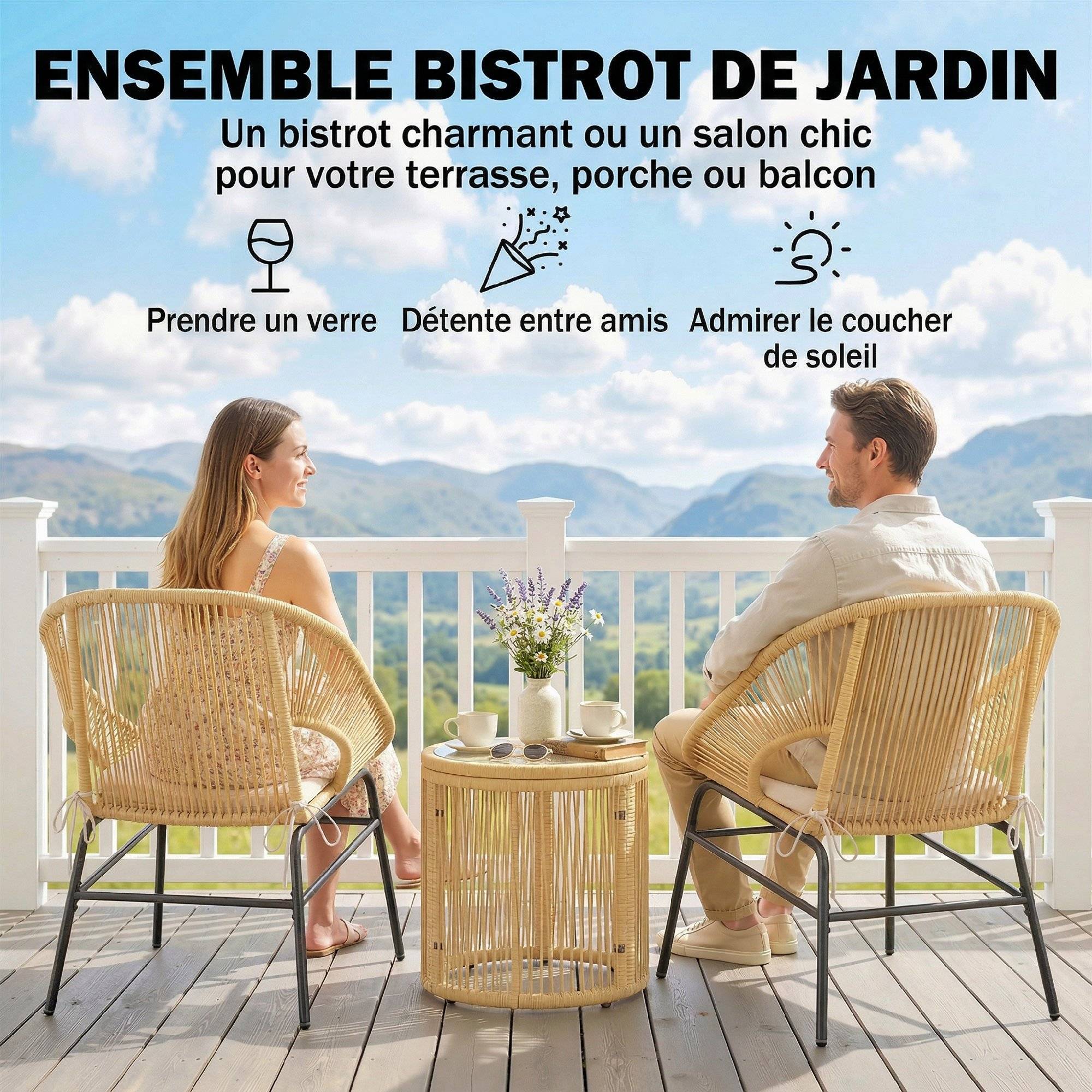 Ensemble Bistro Salon de Balcon 3 Pièces 2 Fauteuils Confortables et Table en Verre Trempé Coussins Déhoussables Beige - Image 6