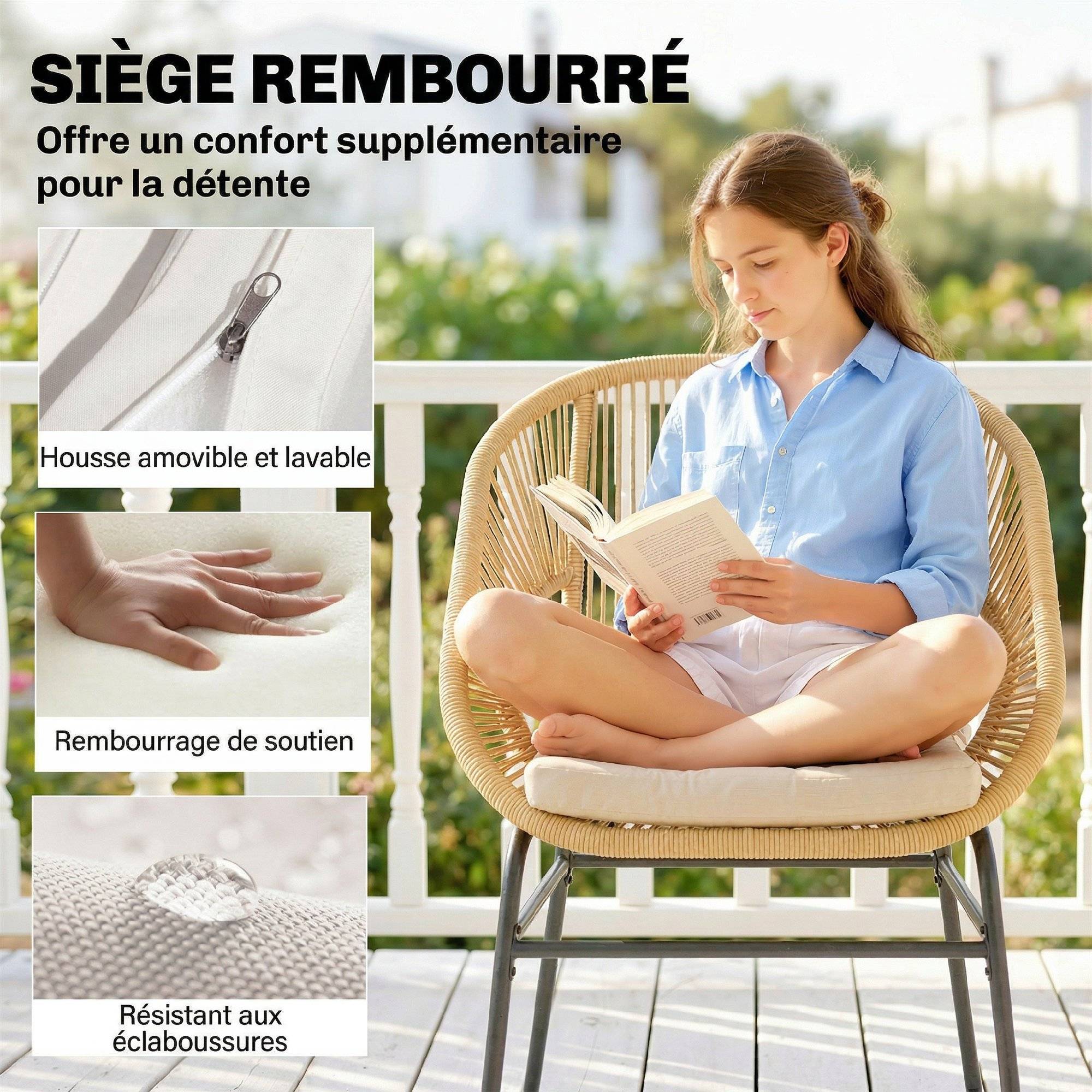 Ensemble Bistro Salon de Balcon 3 Pièces 2 Fauteuils Confortables et Table en Verre Trempé Coussins Déhoussables Beige - Image 9