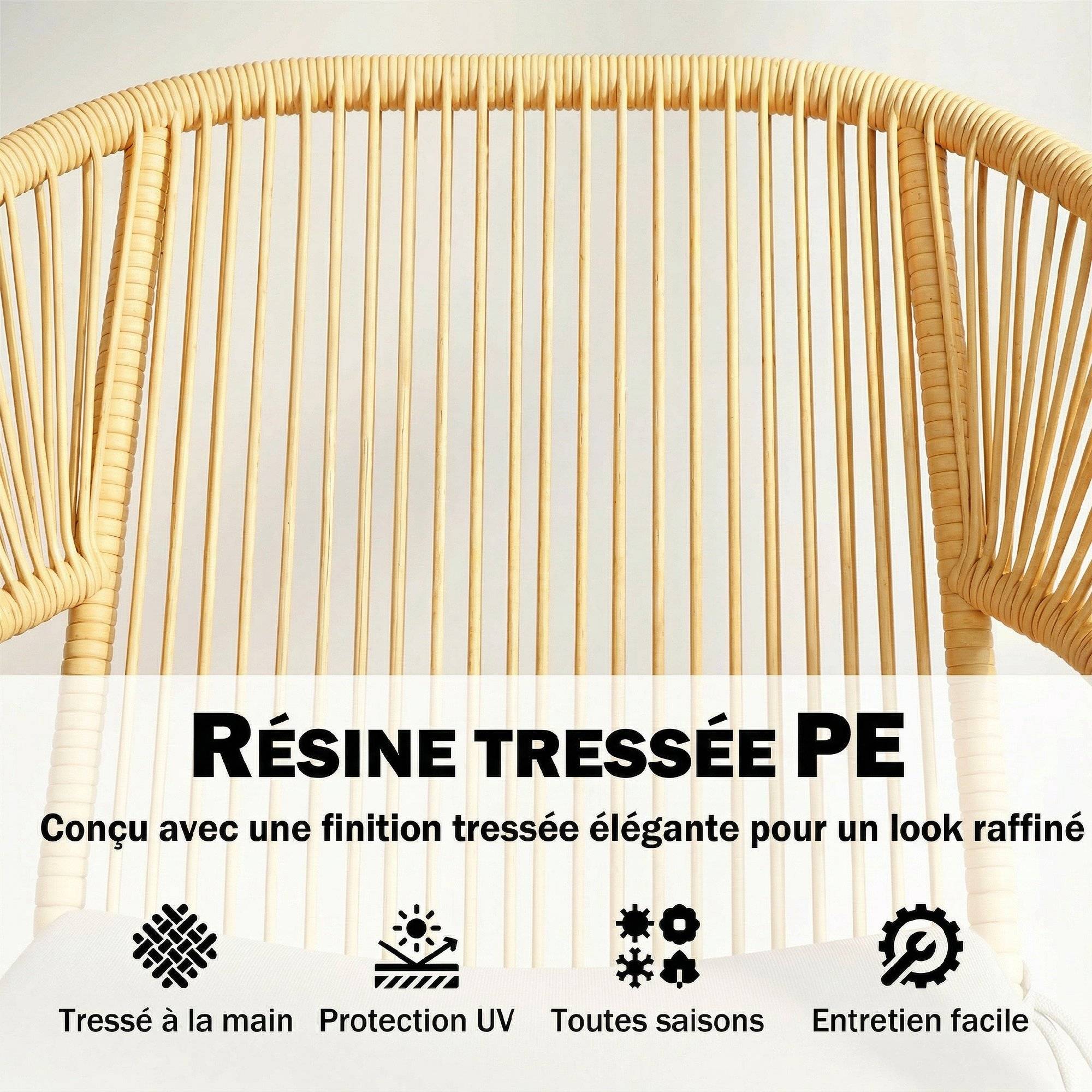 Ensemble Bistro Salon de Balcon 3 Pièces 2 Fauteuils Confortables et Table en Verre Trempé Coussins Déhoussables Beige - Image 7