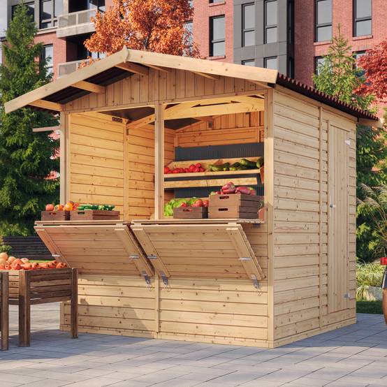 Timbela - Maison de jardin en bois H232x253x263 cm / 4 m² - Étal de marché en bois - Grand stand de vendeur avec comptoir - 17 mm d’épaisseur - Timbela M149 - Image 1