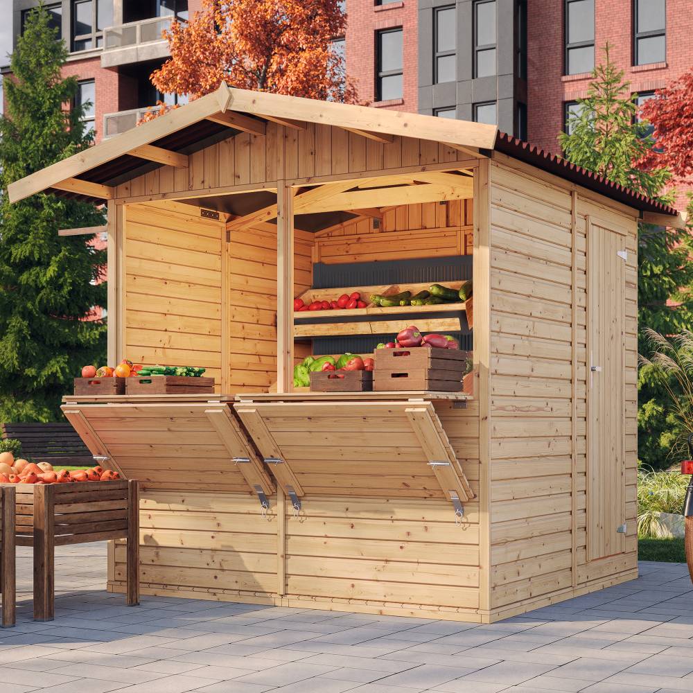 Timbela - Maison de jardin en bois H232x253x263 cm / 4 m² - Étal de marché en bois - Grand stand de vendeur avec comptoir - 17 mm d’épaisseur - Timbela M149