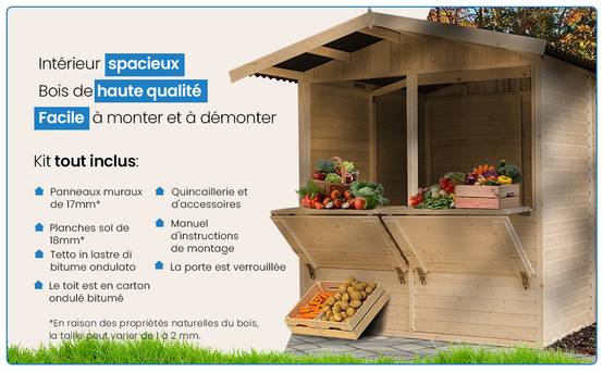 Timbela - Maison de jardin en bois H232x253x263 cm / 4 m² - Étal de marché en bois - Grand stand de vendeur avec comptoir - 17 mm d’épaisseur - Timbela M149 - Image 9