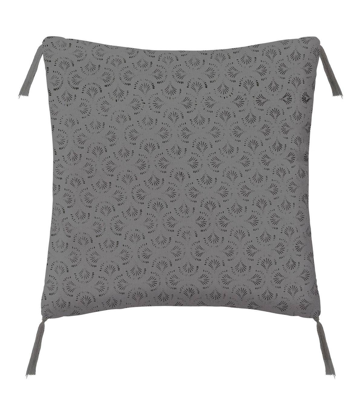 Coussin en Lin Gris imprimé Art déco avec pompons 40 x 40 cm - Image 1