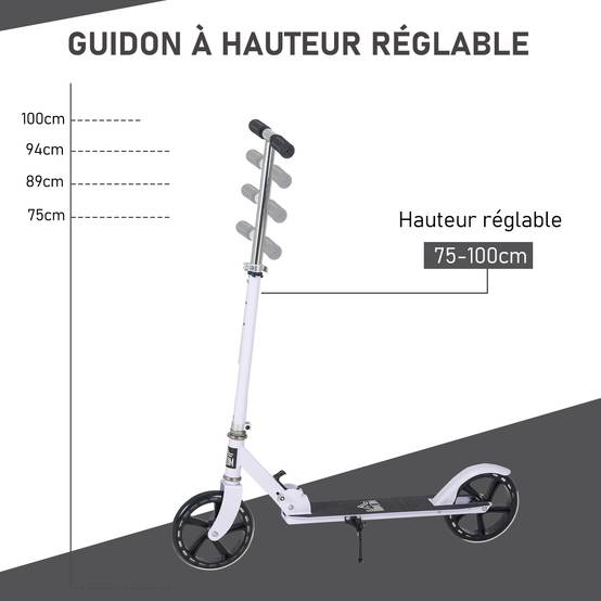 Trottinette Pliable Enfant et Adolescent, Guidon Réglable sur 4 Niveaux, Frein Arrière, 100 kg Max., Blanc - Image 7