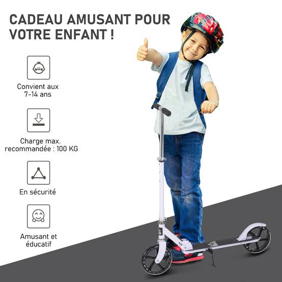 Trottinette Pliable Enfant et Adolescent, Guidon Réglable sur 4 Niveaux, Frein Arrière, 100 kg Max., Blanc - Image 8