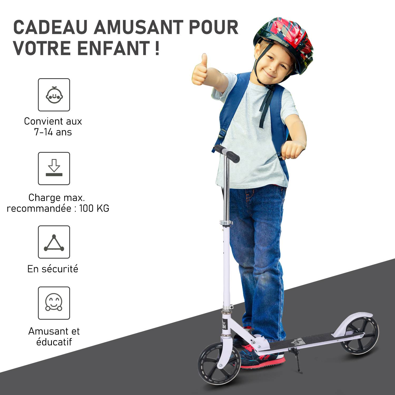 Trottinette Pliable Enfant et Adolescent, Guidon Réglable sur 4 Niveaux, Frein Arrière, 100 kg Max., Blanc - Image 8