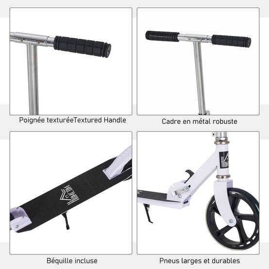 Trottinette Pliable Enfant et Adolescent, Guidon Réglable sur 4 Niveaux, Frein Arrière, 100 kg Max., Blanc - Image 9
