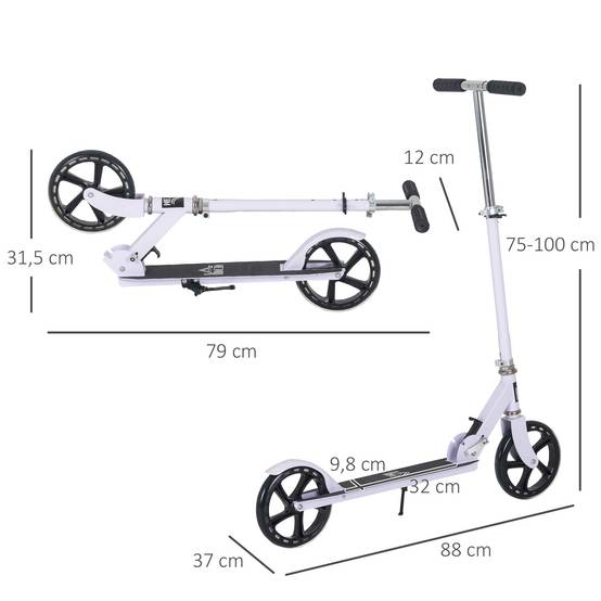 Trottinette Pliable Enfant et Adolescent, Guidon Réglable sur 4 Niveaux, Frein Arrière, 100 kg Max., Blanc - Image 5