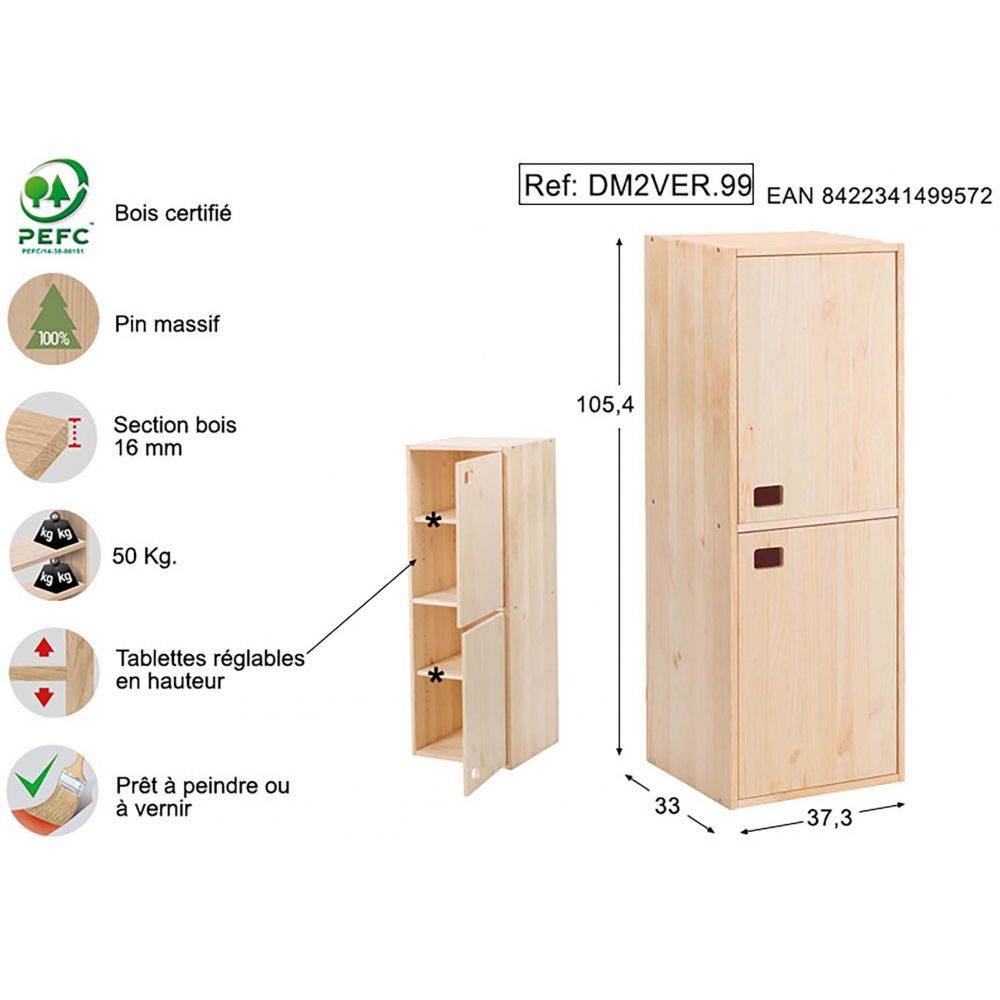 Armoire en pin brut 2 portes 4 tablettes Dinamic - Image 3