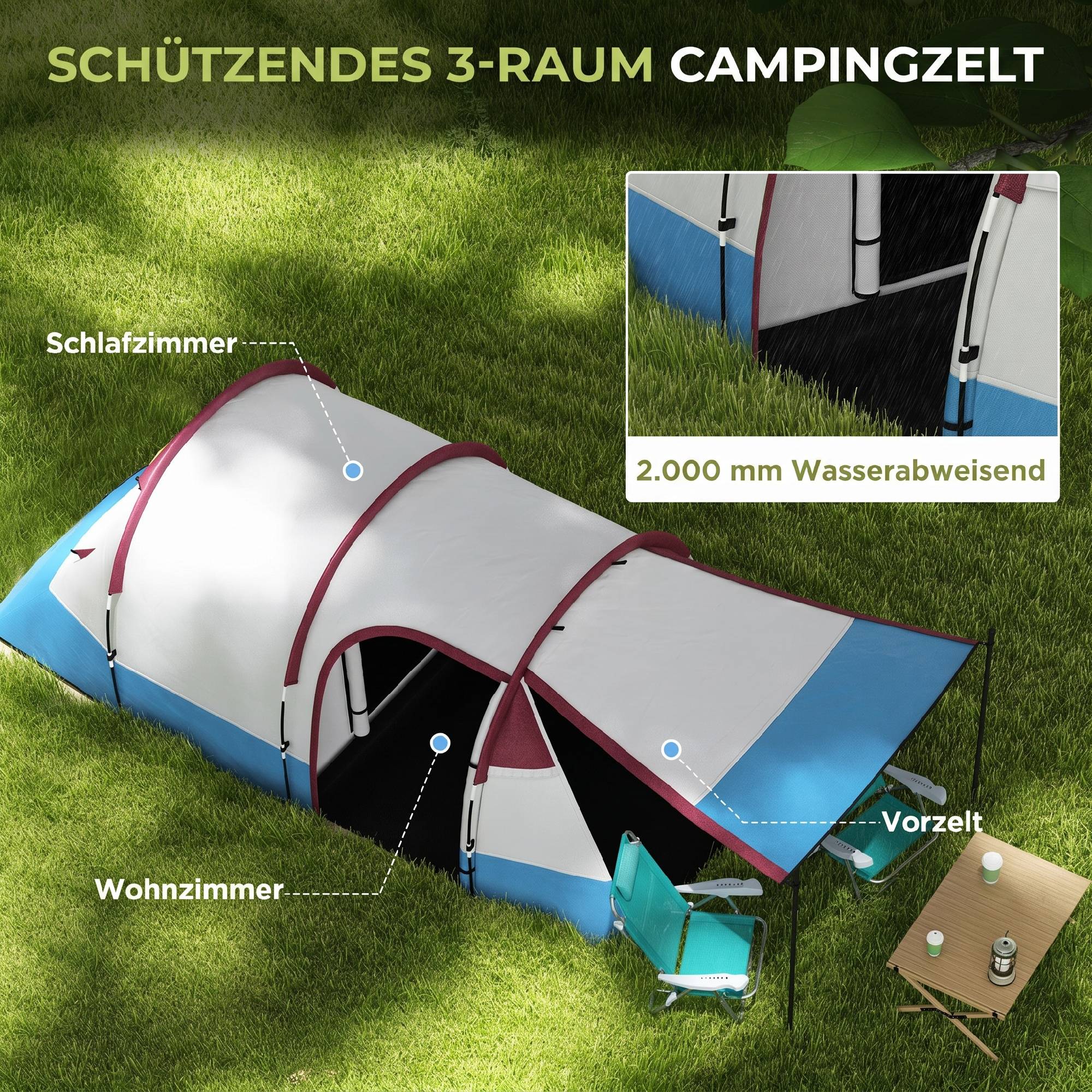 Sans Marque - Tente camping 2 pers., crochet lampe, 3 entrées, imperméable, rouge - Image 6