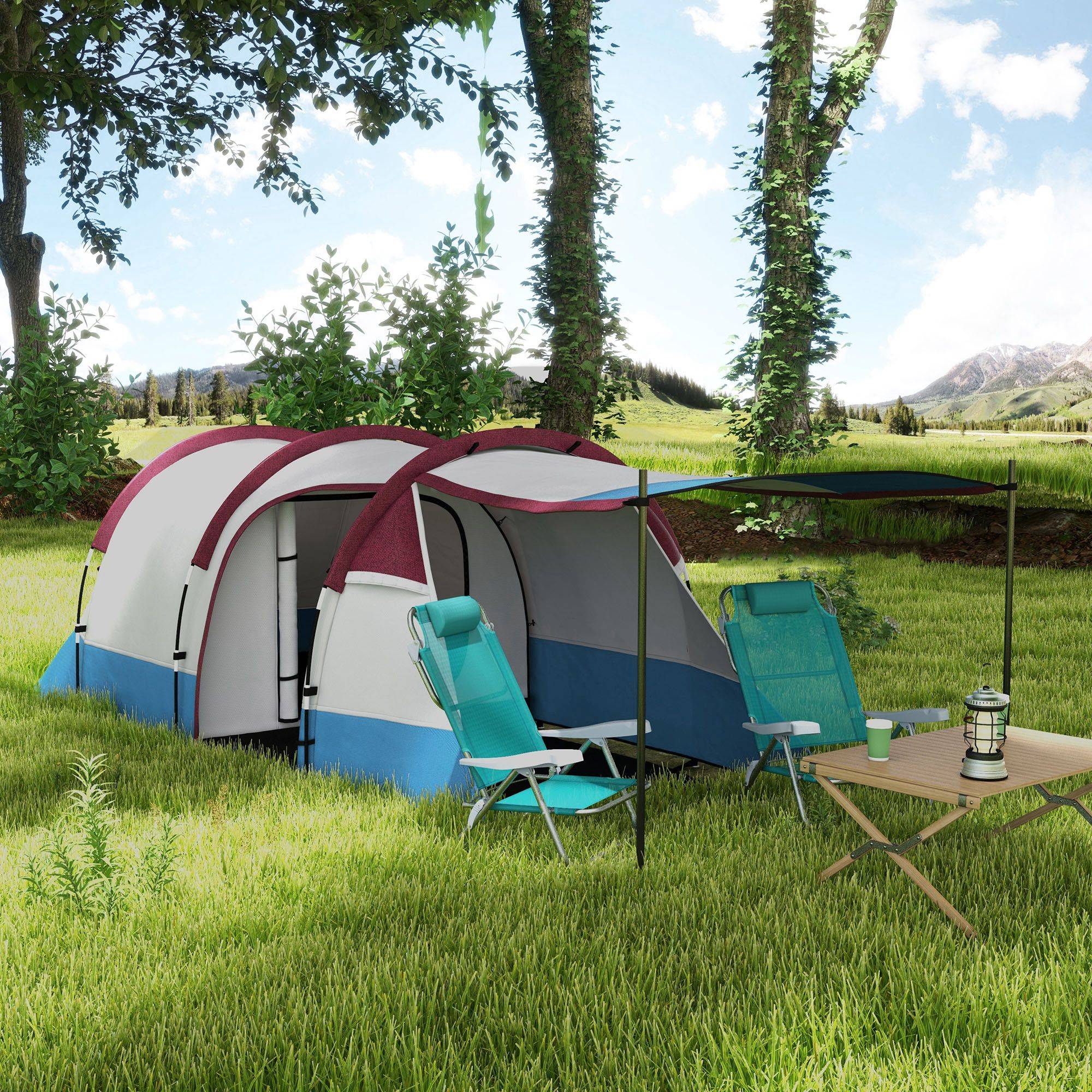 Sans Marque - Tente camping 2 pers., crochet lampe, 3 entrées, imperméable, rouge - Image 4