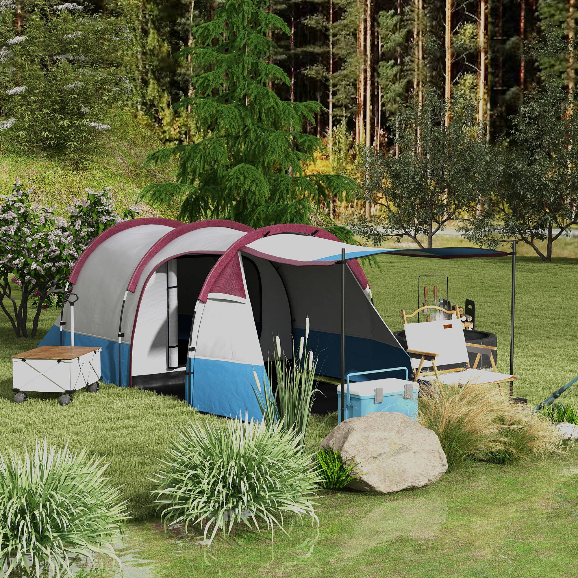 Sans Marque - Tente camping 2 pers., crochet lampe, 3 entrées, imperméable, rouge - Image 3