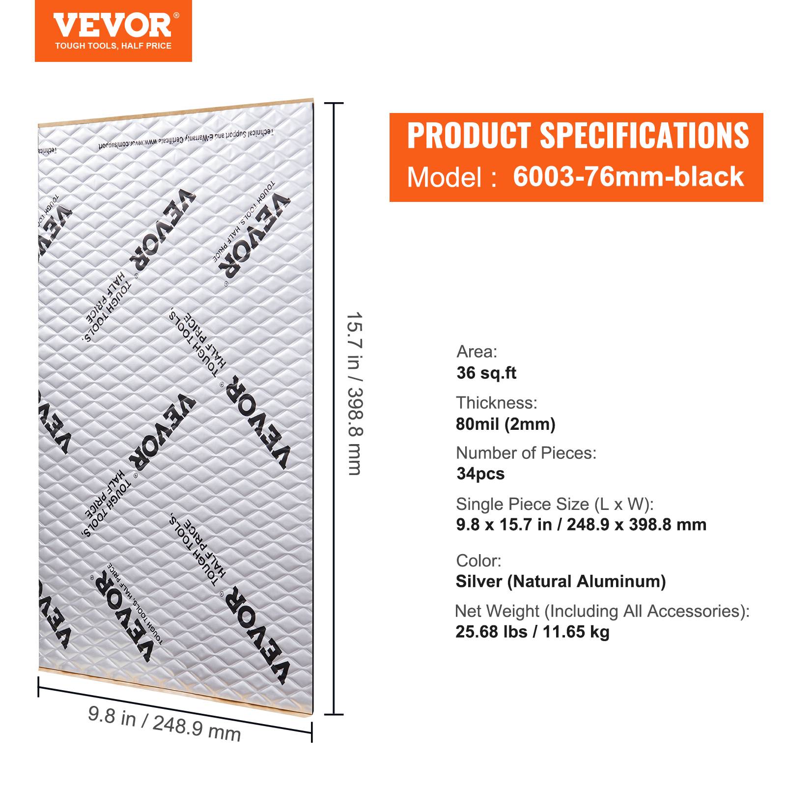 VEVOR Tapis isolation phonique 2 mm, 3,3 m², caoutchouc butyle. Voiture. - Image 7