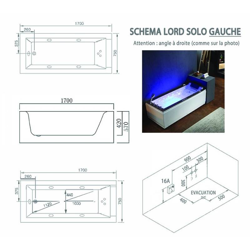Baignoire balneo LORD SOLO BLANC 1 place ARCHIPEL® 170x75 - GAUCHE - Image 7