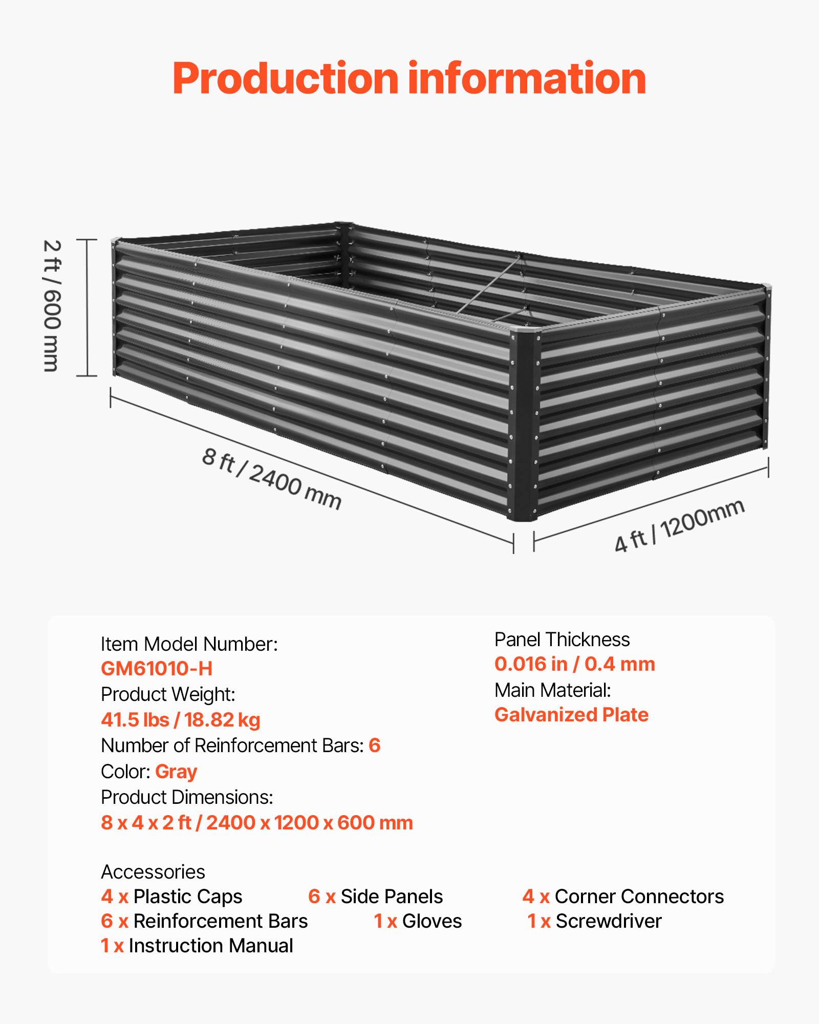 Vevor - VEVOR Carré Potager Surélevé Métal Galvanisé Lit Jardin 240x120x60 cm Gris Foncé - Image 7