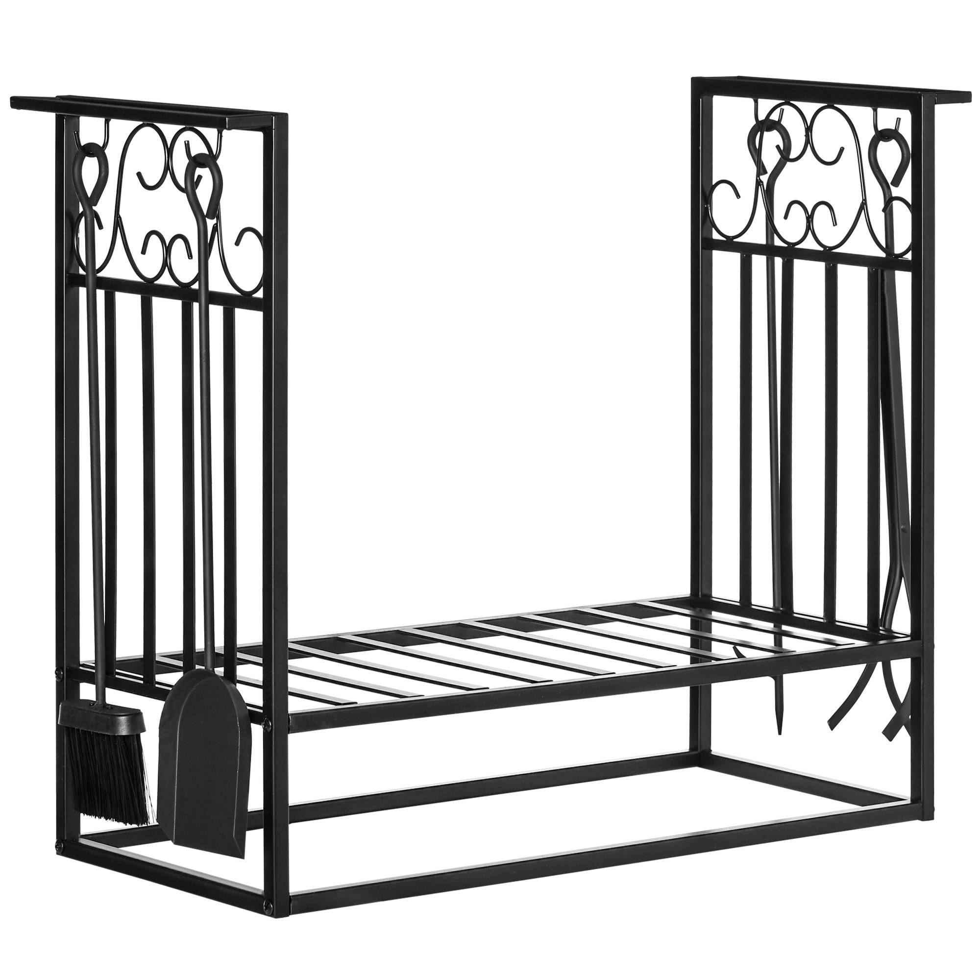 ComfortXL - Serviteur de cheminée et range-bûches en acier noir 75 x 30 x 60 cm avec étagère et 4 outils pour poêle à bois - Image 9