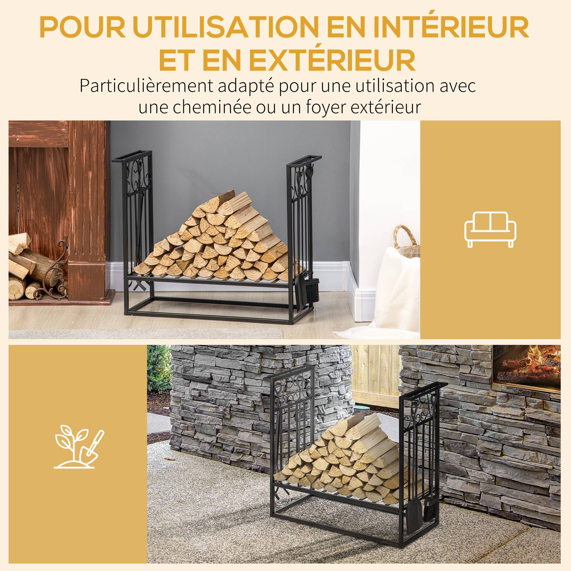 ComfortXL - Serviteur de cheminée et range-bûches en acier noir 75 x 30 x 60 cm avec étagère et 4 outils pour poêle à bois - Image 6