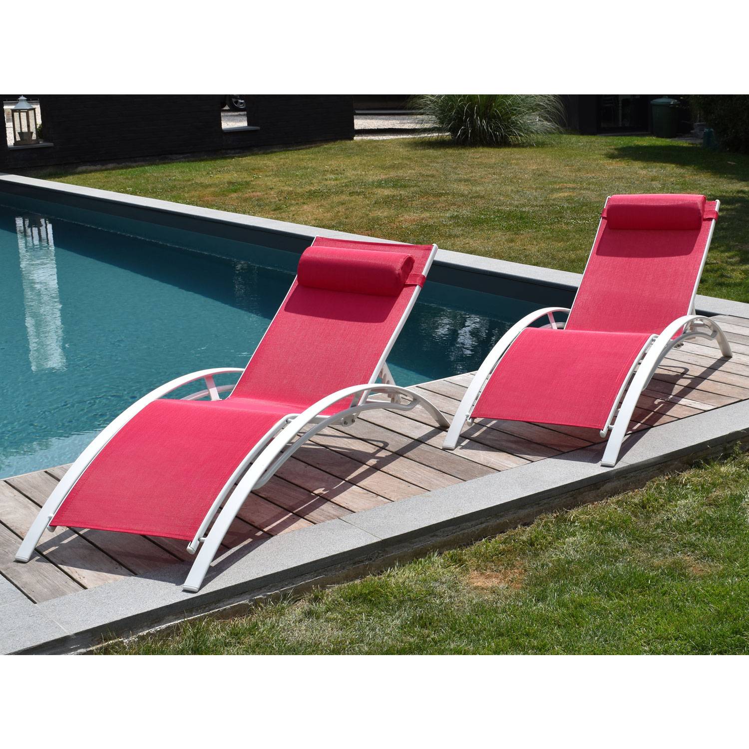 Happy Garden - Lot de 2 transats GALAPAGOS en textilène rose - aluminium blanc - HAPPY GARDEN - Image 4